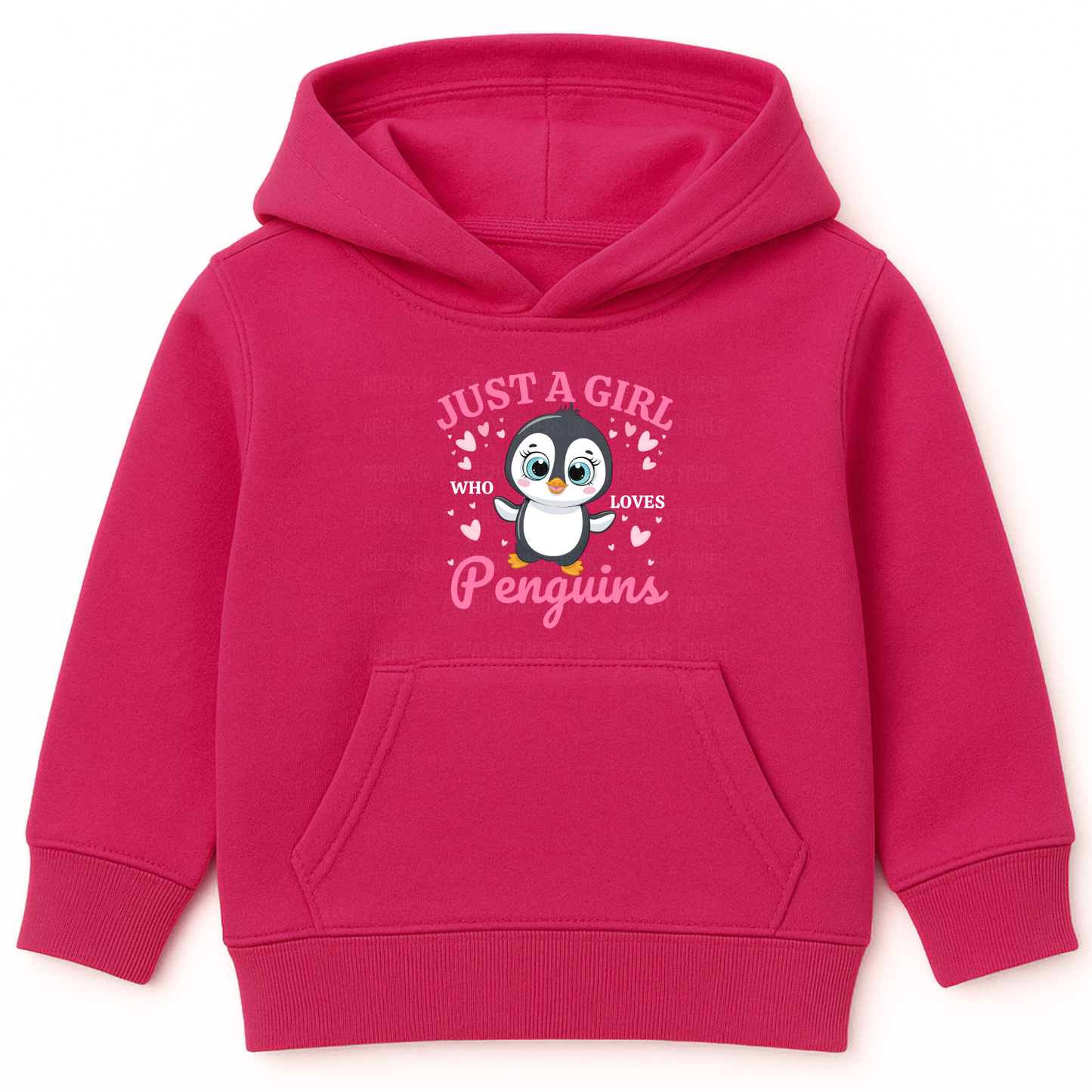 Hot pink girls hoodie with cartoon penguin  with pink hearts and 'Just a Girl Who Loves Penguins' text.