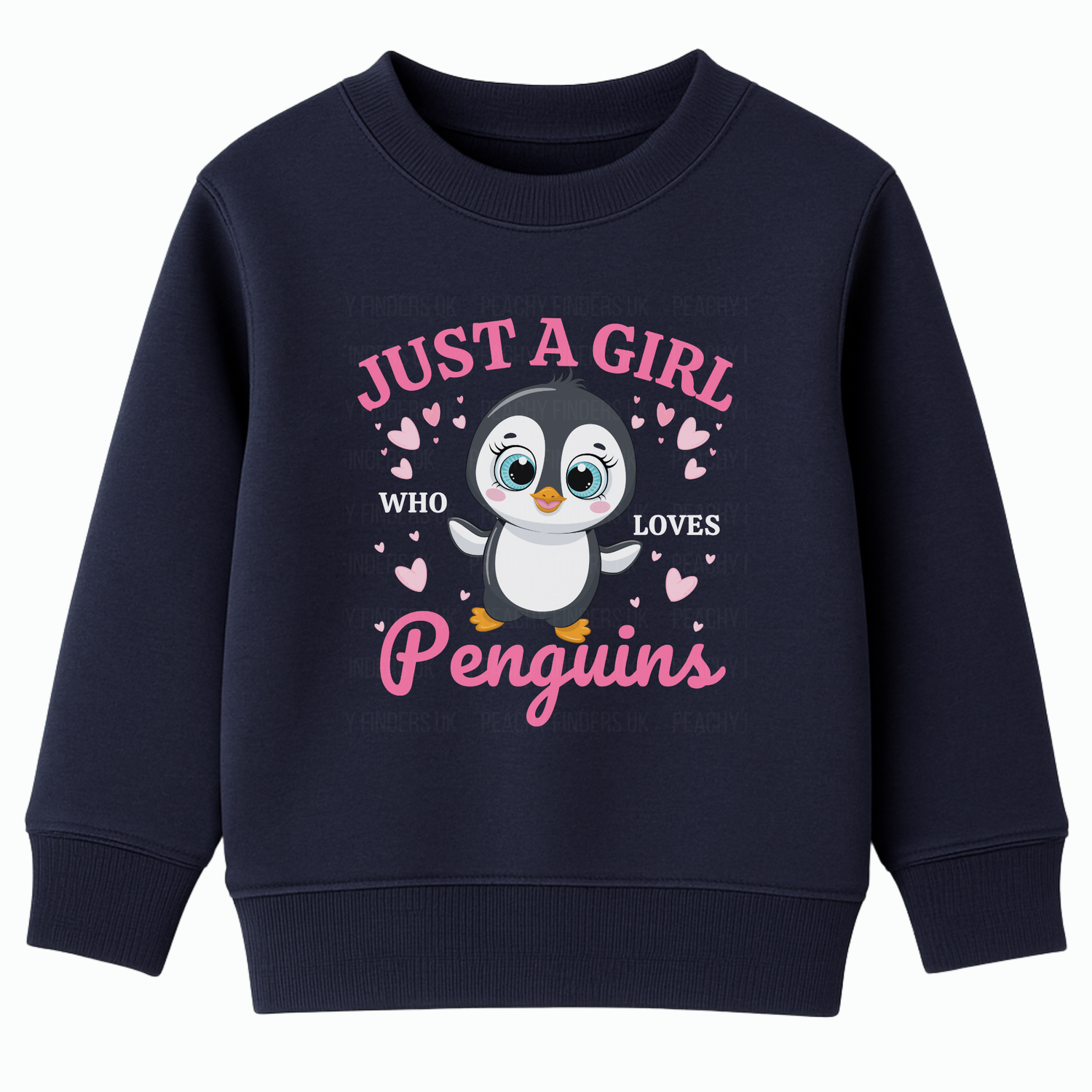 Girls navy sweatshirt featuring a cute cartoon penguin and hearts design with pink and white text saying “Just a Girl Who Loves Penguins”.