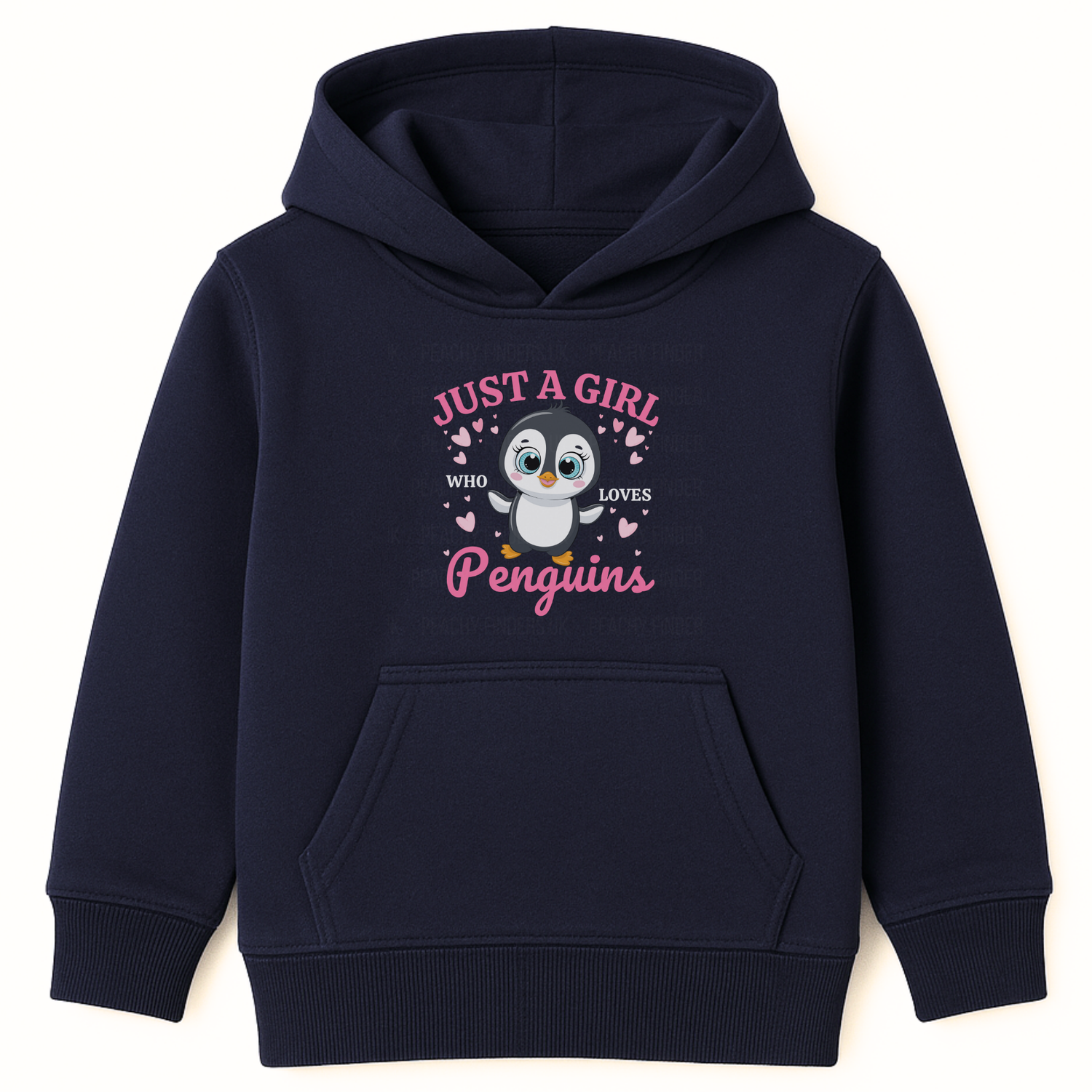 Navy girls hoodie with cartoon penguin  with pink hearts and 'Just a Girl Who Loves Penguins' text.