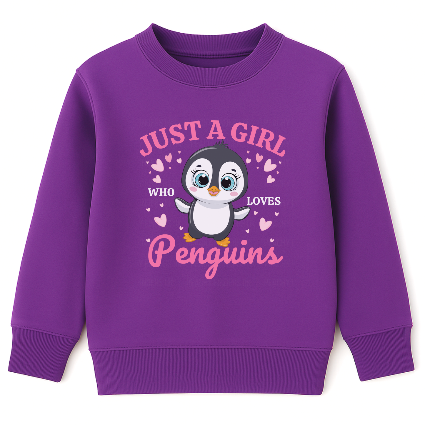 Girls purple sweatshirt featuring a cute cartoon penguin and hearts design with pink and white text saying “Just a Girl Who Loves Penguins”.