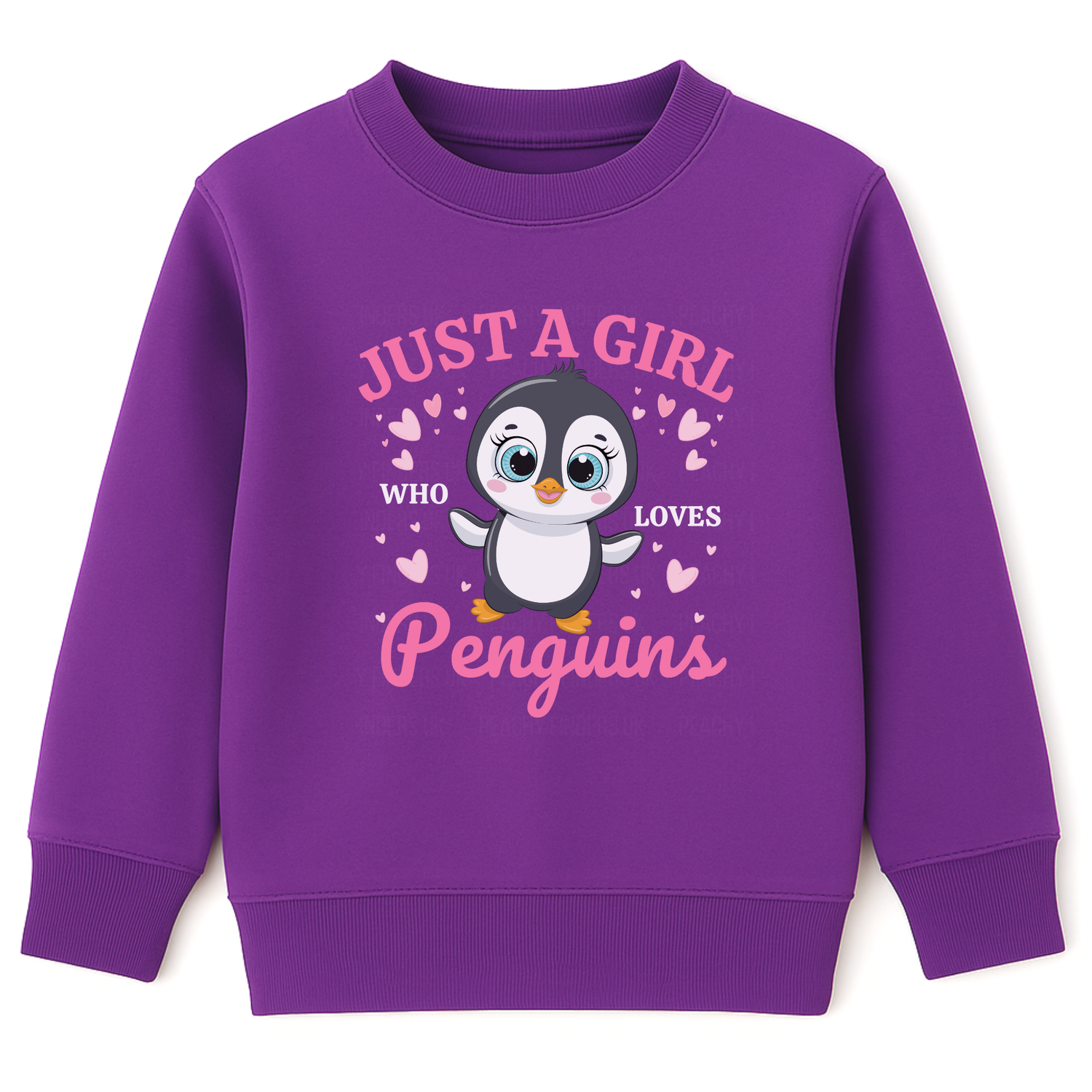 Girls purple sweatshirt featuring a cute cartoon penguin and hearts design with pink and white text saying “Just a Girl Who Loves Penguins”.