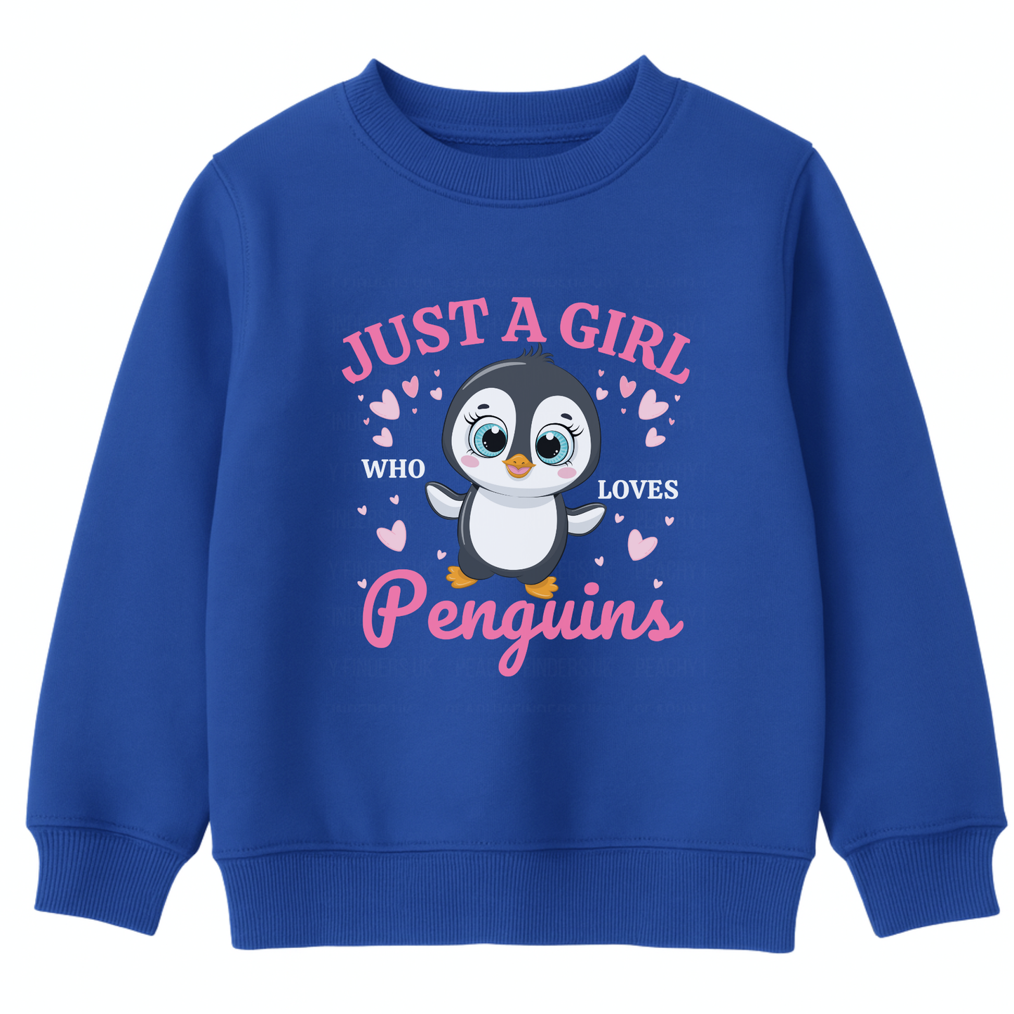 Girls royal blue sweatshirt featuring a cute cartoon penguin and hearts design with pink and white text saying “Just a Girl Who Loves Penguins”.