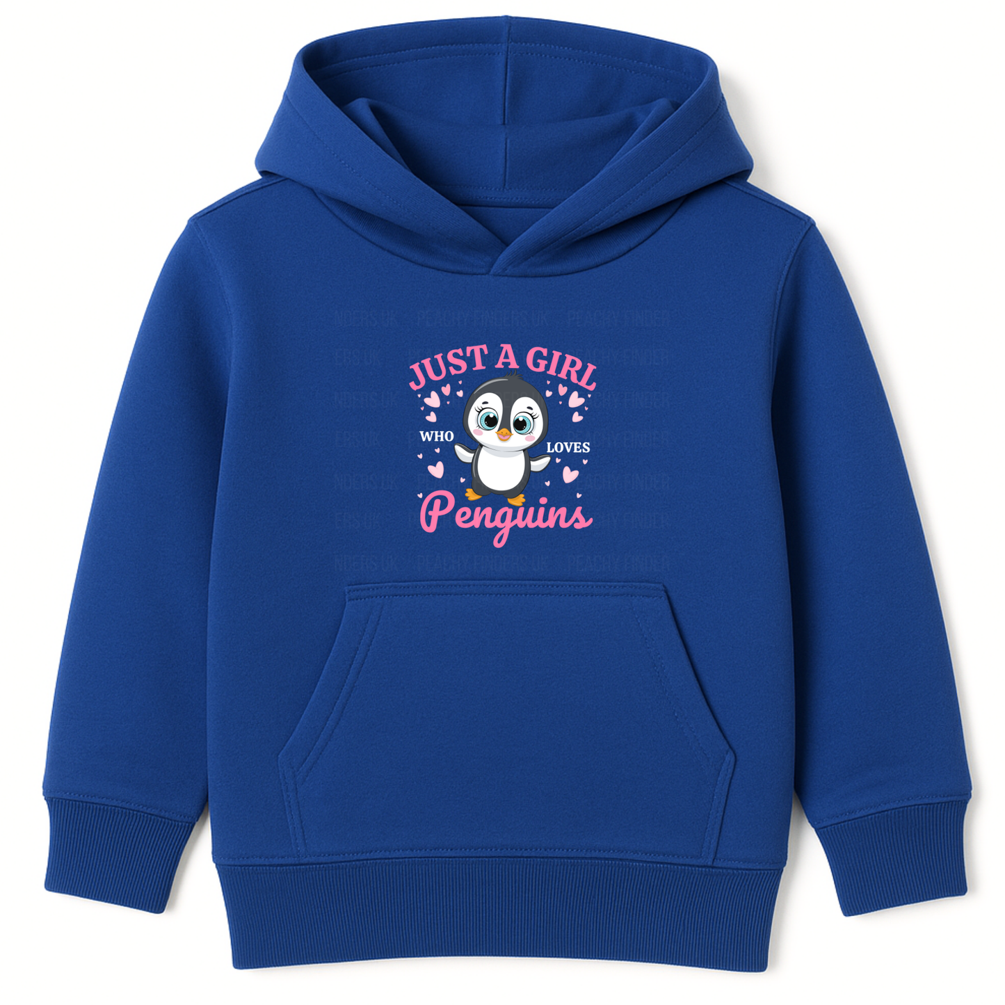 Royal blue girls hoodie with cartoon penguin  with pink hearts and 'Just a Girl Who Loves Penguins' text.