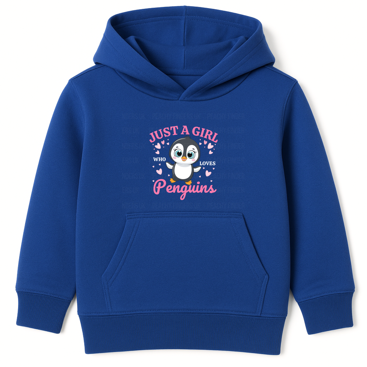Royal blue girls hoodie with cartoon penguin  with pink hearts and 'Just a Girl Who Loves Penguins' text.