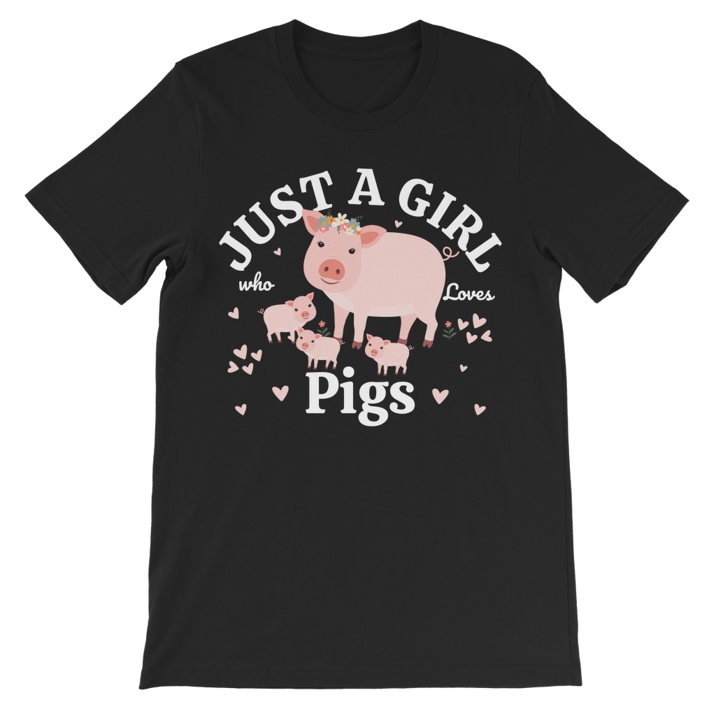 Girls black t-shirt featuring a cute farm-themed design with a pig and piglets surrounded by hearts and the text “Just a Girl Who Loves Pigs” printed across the front.