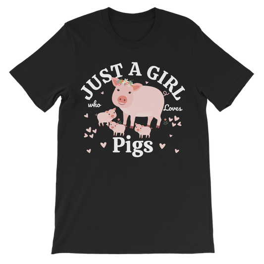 Girls black t-shirt featuring a cute farm-themed design with a pig and piglets surrounded by hearts and the text “Just a Girl Who Loves Pigs” printed across the front.