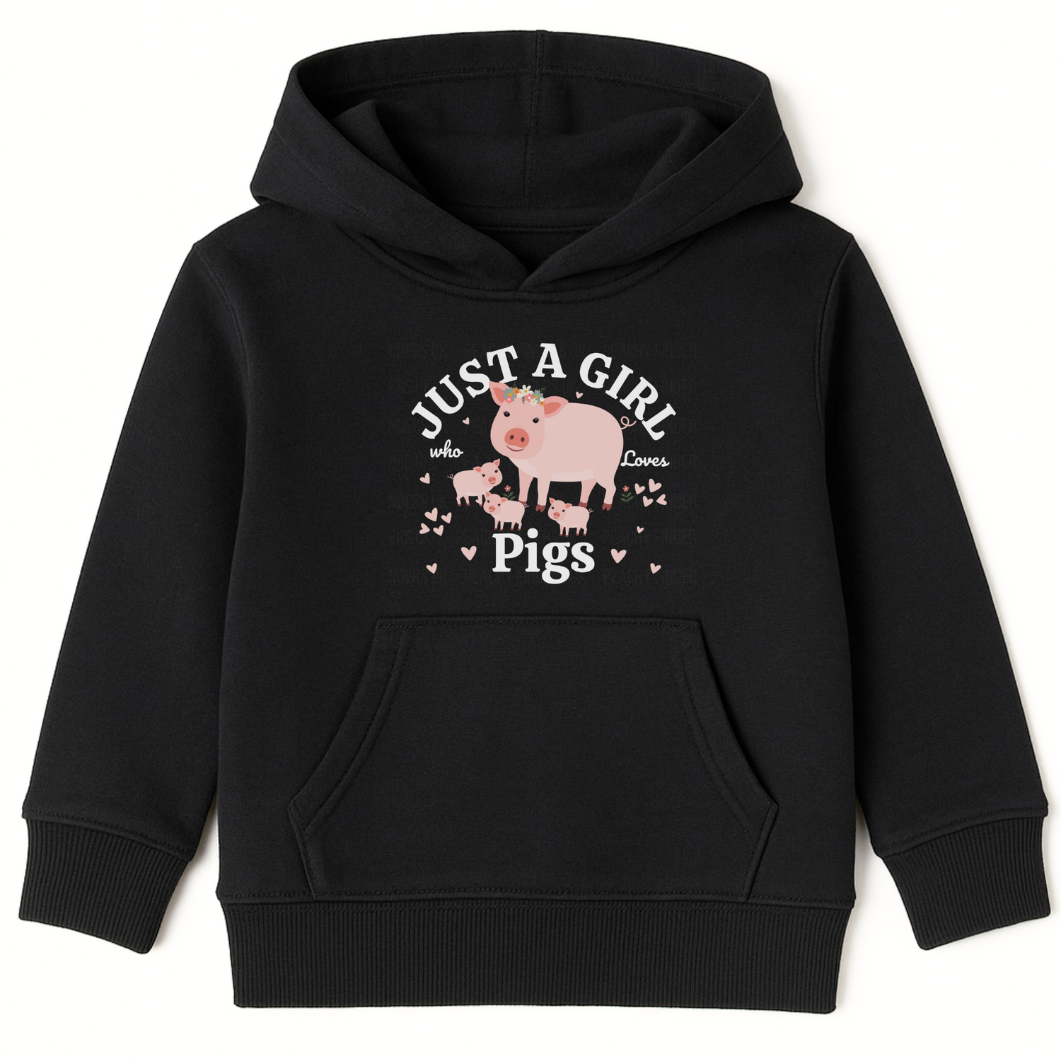 Girls black hooded sweatshirt featuring a mummy and piglets, hearts and flowers design, with "just a girl who loves pigs" white text.