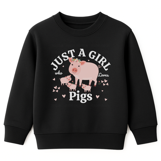 Girl black sweatshirt featuring a cute farm-themed design with a pig and piglets surrounded by hearts and the text “Just a Girl Who Loves Pigs” printed across the front.
