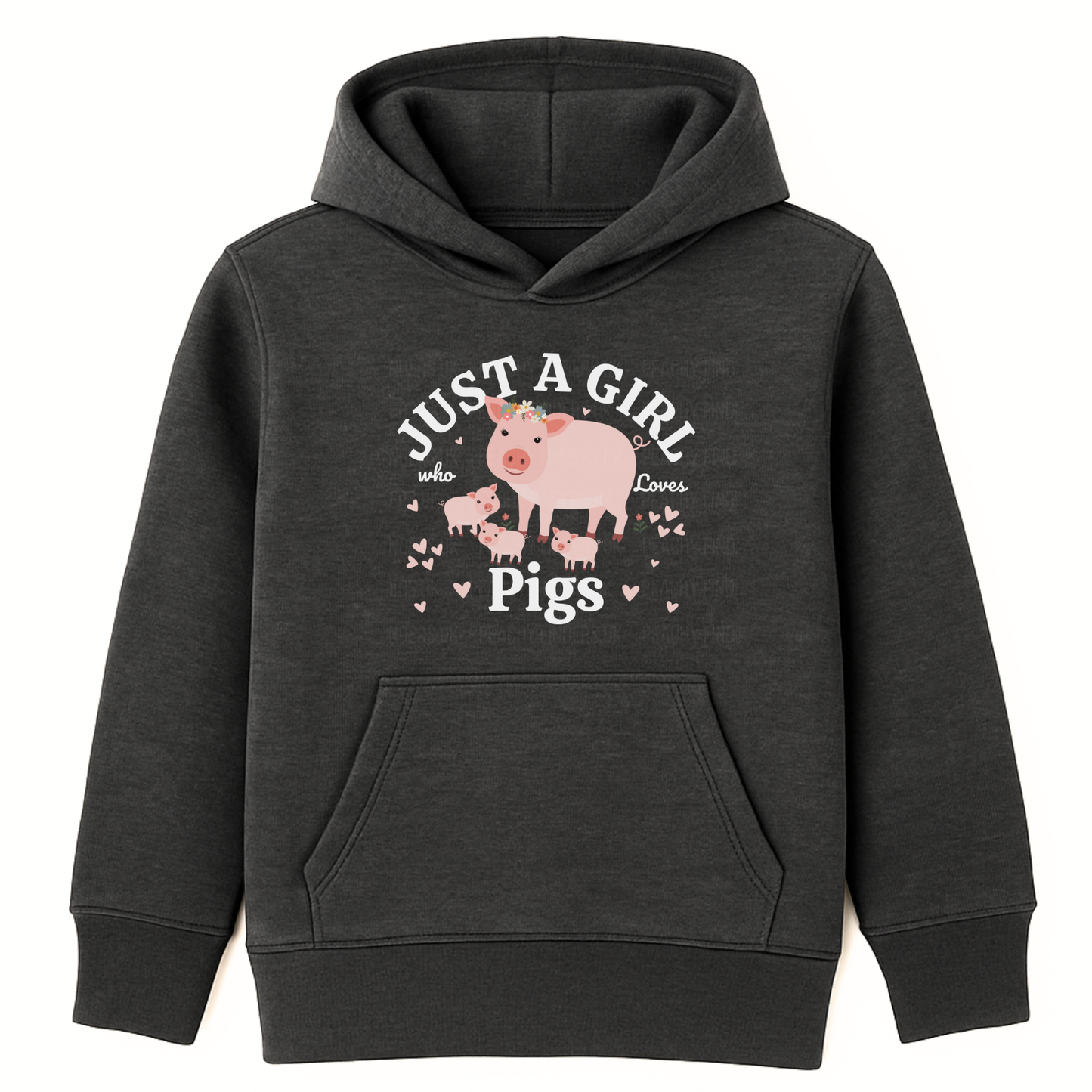 Girls charcoal heather grey pullover hoodie featuring a mummy and piglets, hearts and flowers design, with "just a girl who loves pigs" white text.