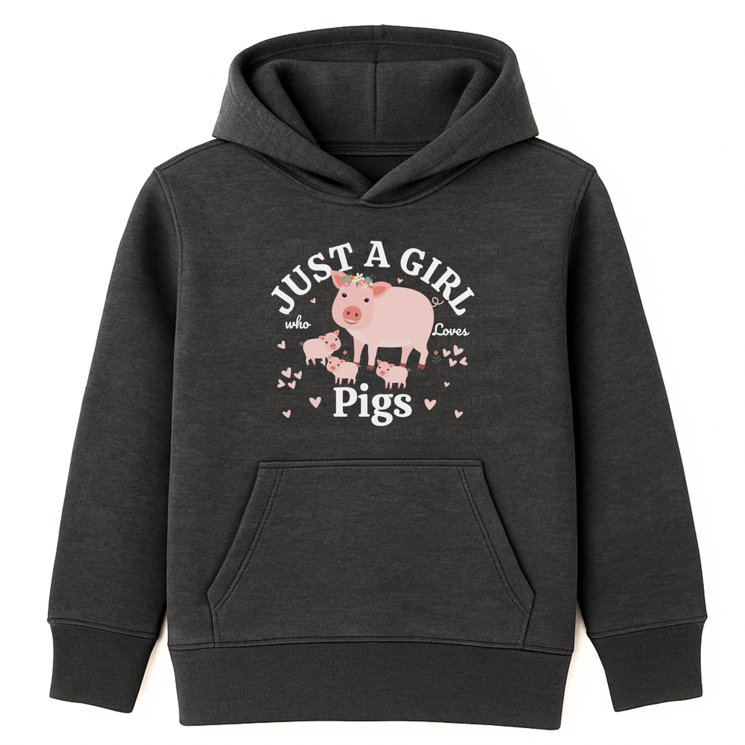 Girls charcoal heather grey pullover hoodie featuring a mummy and piglets, hearts and flowers design, with "just a girl who loves pigs" white text.