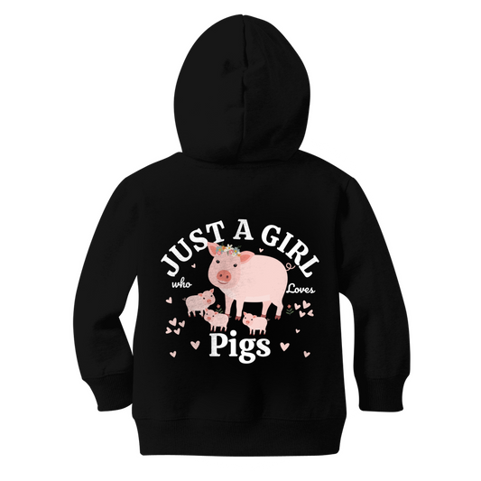 Back view of a kids black zip hoodie featuring a large graphic of a mummy pig with three piglets, surrounded by pink hearts, and the words “Just a Girl Who Loves Pigs.”