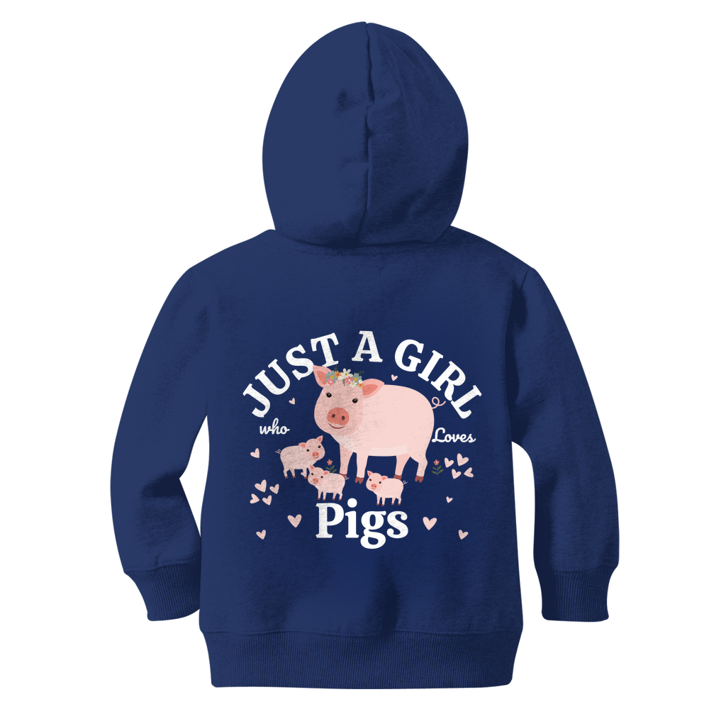 Back view of a navy kids zip hoodie featuring a large graphic of a mummy pig with three piglets, surrounded by pink hearts, and the words “Just a Girl Who Loves Pigs.”