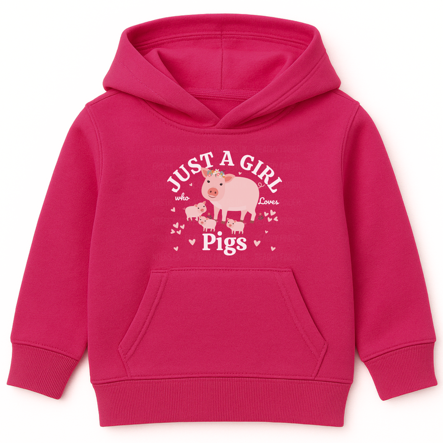 Girls hot pink pullover hoodie featuring a mummy and piglets, hearts and flowers design, with "just a girl who loves pigs" white text.