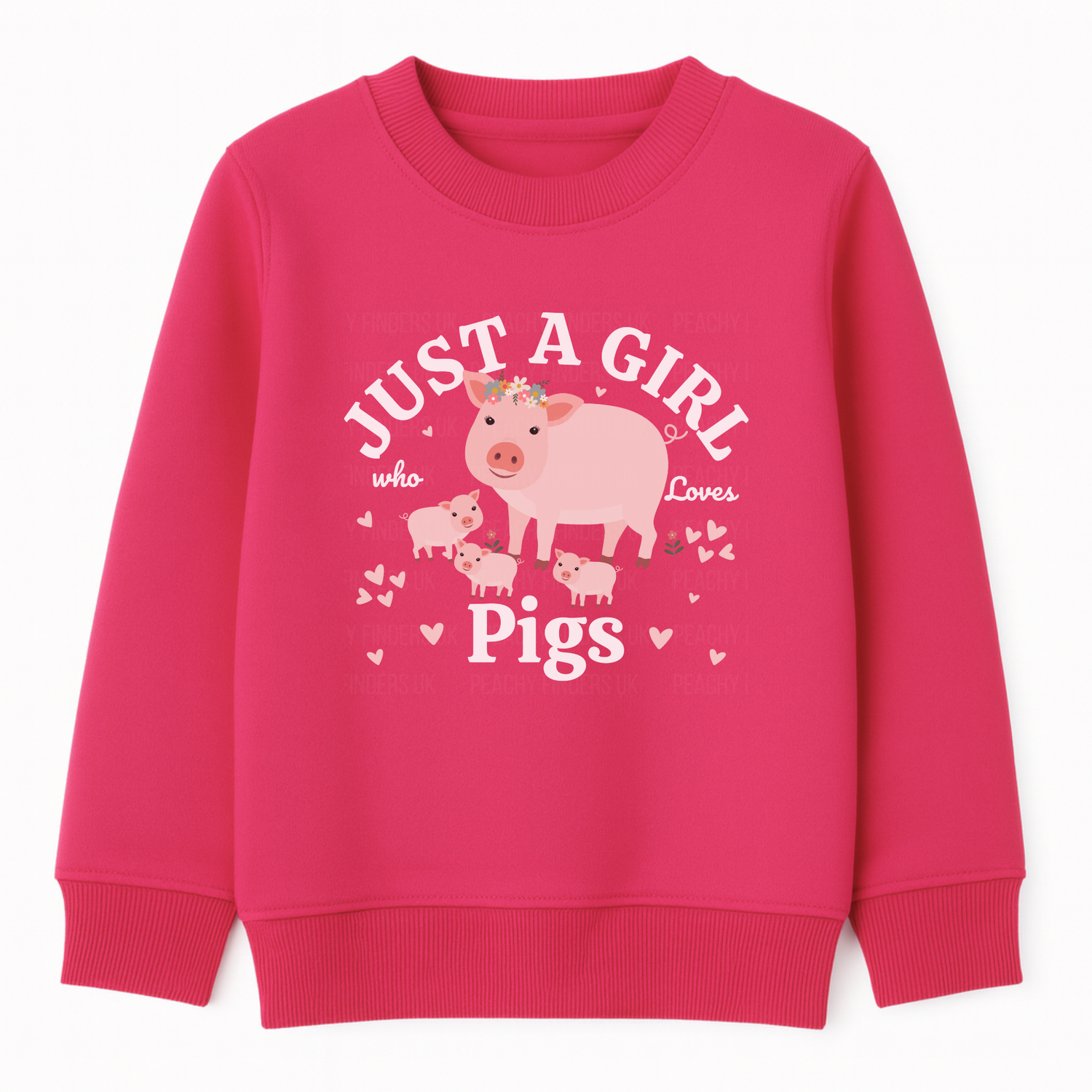 Hot pink girls sweatshirt featuring a cute farm-themed design with a pig and piglets surrounded by hearts and the text “Just a Girl Who Loves Pigs” printed across the front.