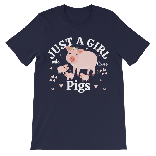 Girls navy t-shirt featuring a cute farm-themed design with a pig and piglets surrounded by hearts and the text “Just a Girl Who Loves Pigs” printed across the front.