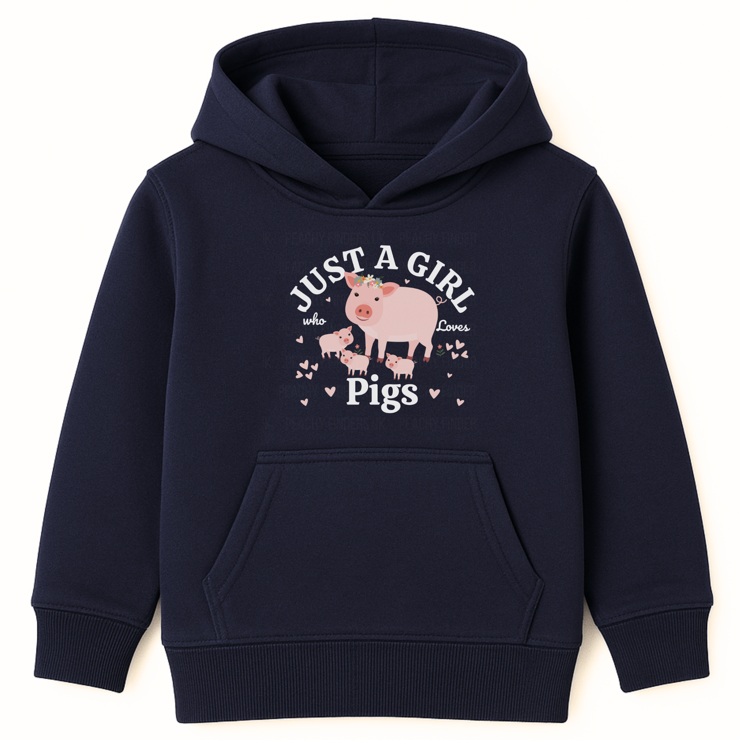Girls navy hoodie featuring a mummy and her little piglets, surrounded by pink hearts design, with "just a girl who loves pigs" white text.