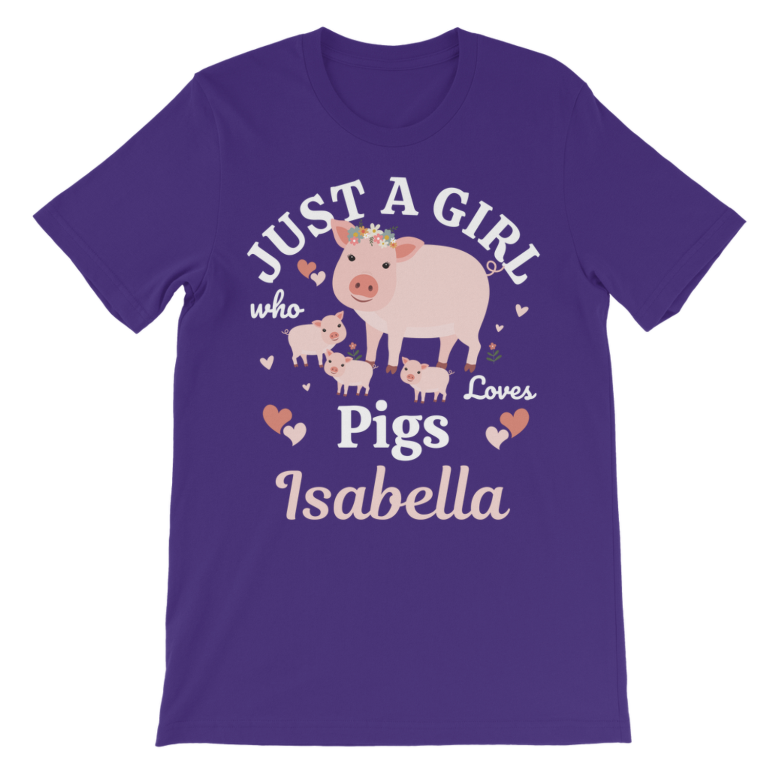 A girls purple short-sleeve cotton crewneck t-shirt featuring a cartoon graphic of a pig and her piglets with the text 'JUST A GIRL who Loves Pigs Isabella' in white and pink lettering.