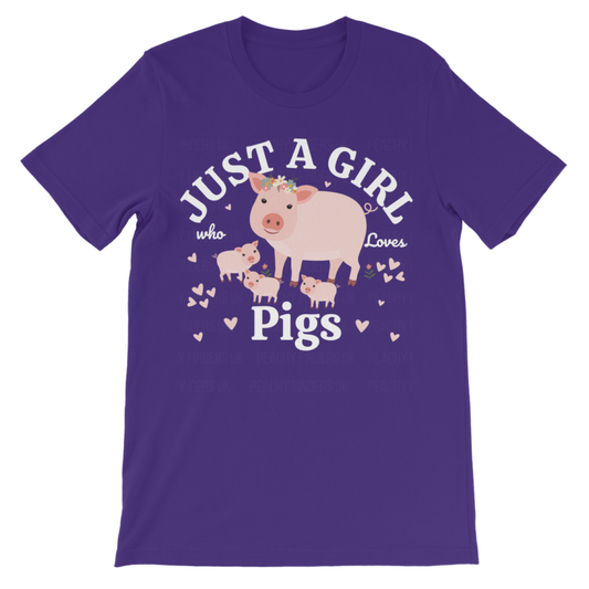 Purple girls t-shirt featuring a cute farm-themed design with a pig and piglets surrounded by hearts and the text “Just a Girl Who Loves Pigs” printed across the front.