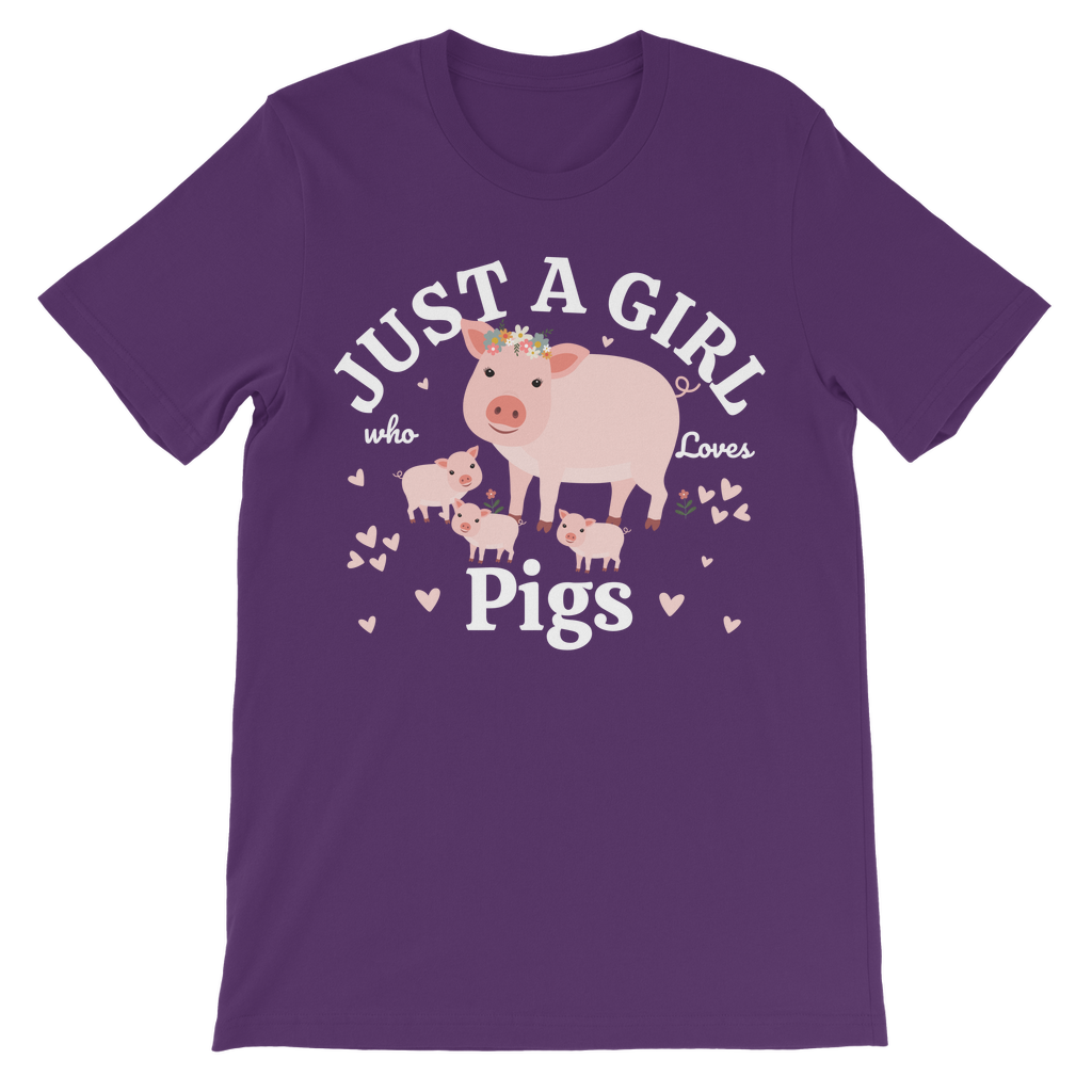 Purple girls t-shirt featuring a cute farm-themed design with a pig and piglets surrounded by hearts and the text “Just a Girl Who Loves Pigs” printed across the front.