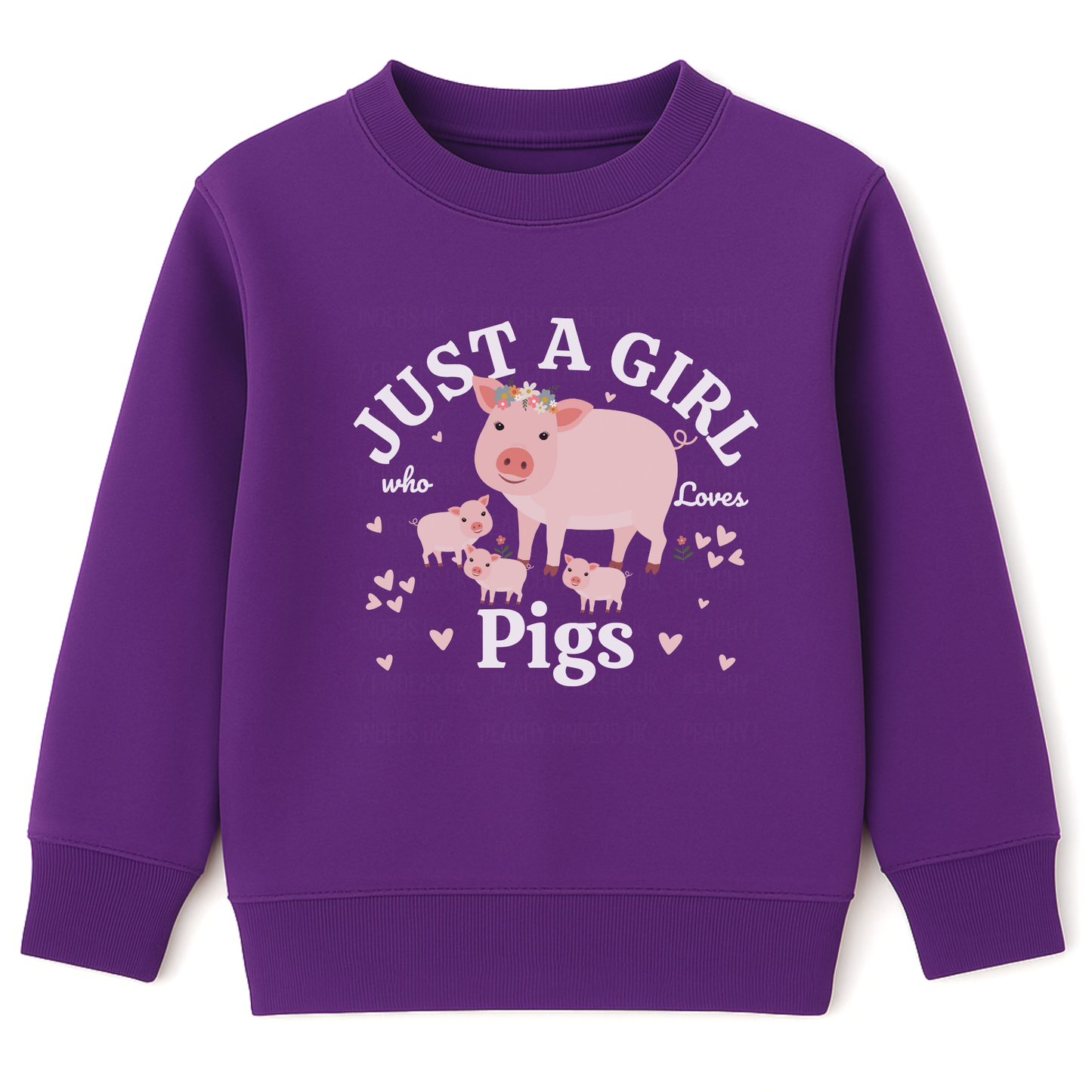 Purple girls sweatshirt jumper featuring a cute farm-themed design with a pig and piglets surrounded by hearts and the text “Just a Girl Who Loves Pigs” printed across the front.