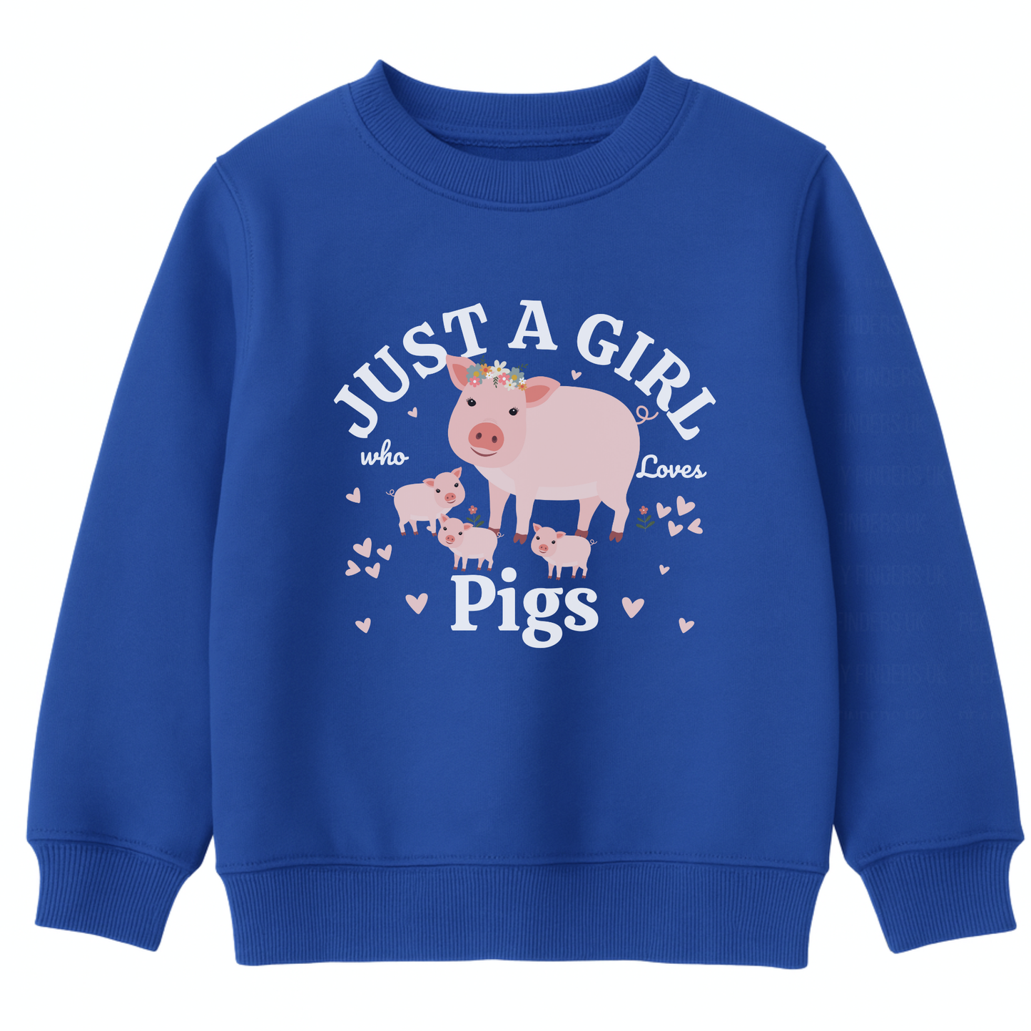 Girls royal blue sweatshirt featuring a cute farm-themed design with a pig and piglets surrounded by hearts and the text “Just a Girl Who Loves Pigs” printed across the front.