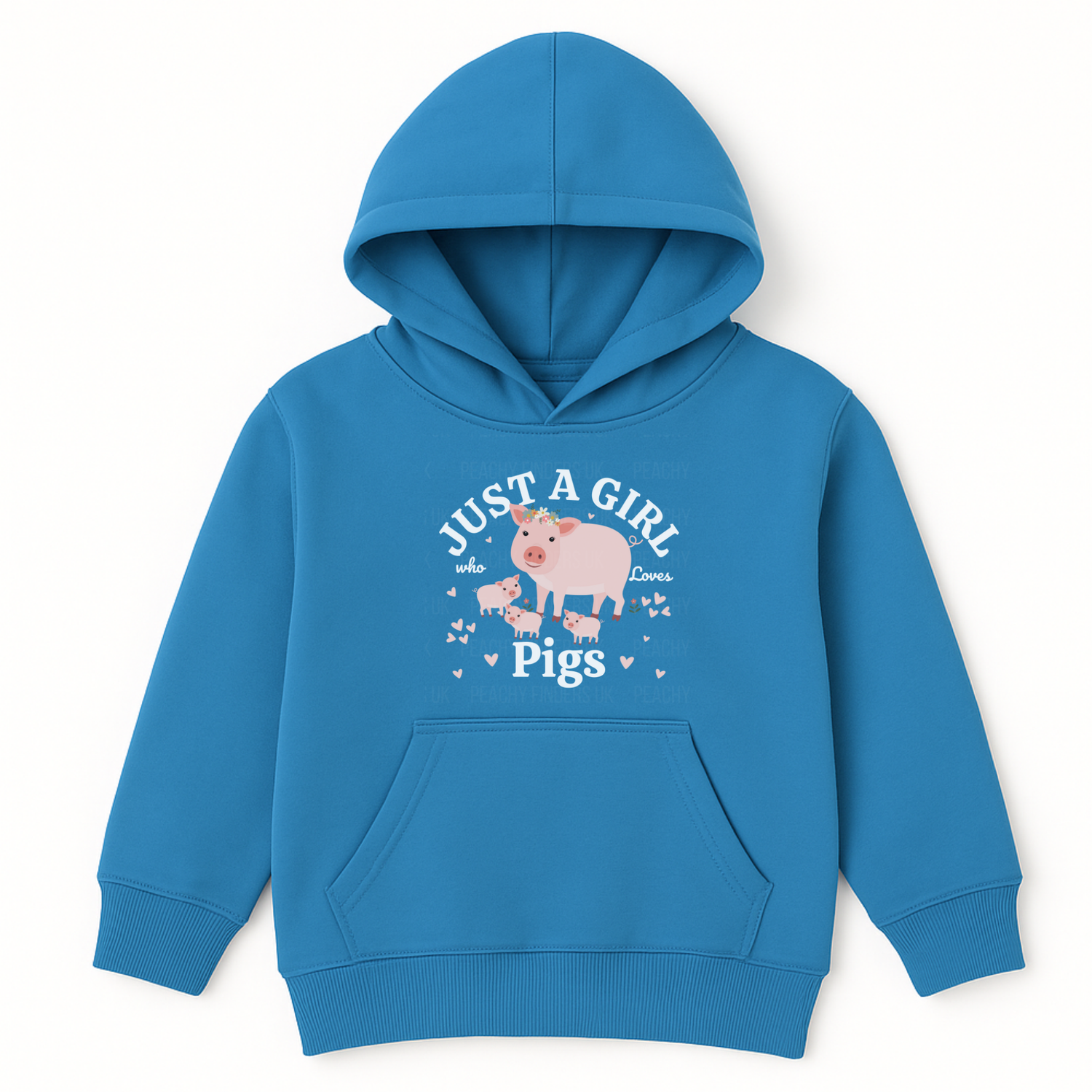 Girls sapphire blue hooded sweatshirt featuring a mummy and piglets, hearts and flowers design, with "just a girl who loves pigs" white text.
