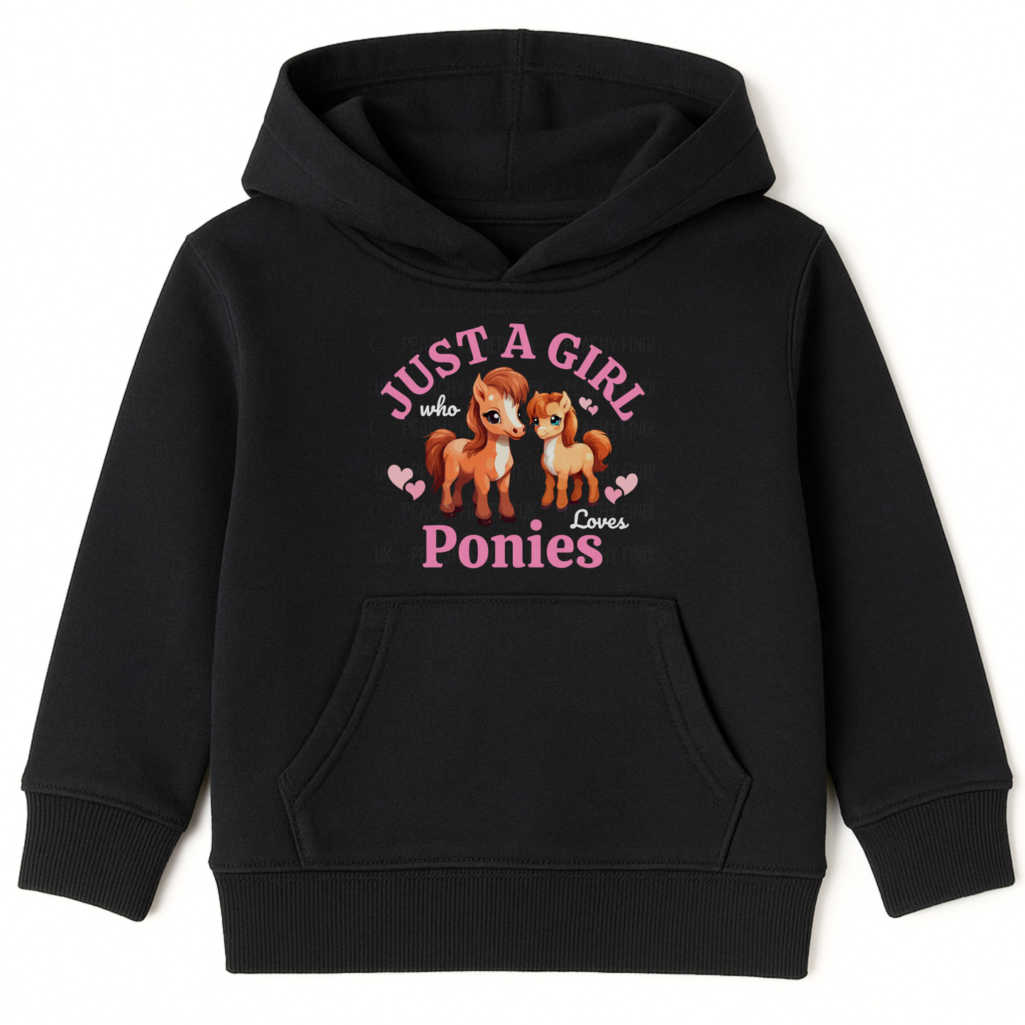 Kids black hoodie flat lay showing “Just a Girl Who Loves Ponies” pony design on chest.