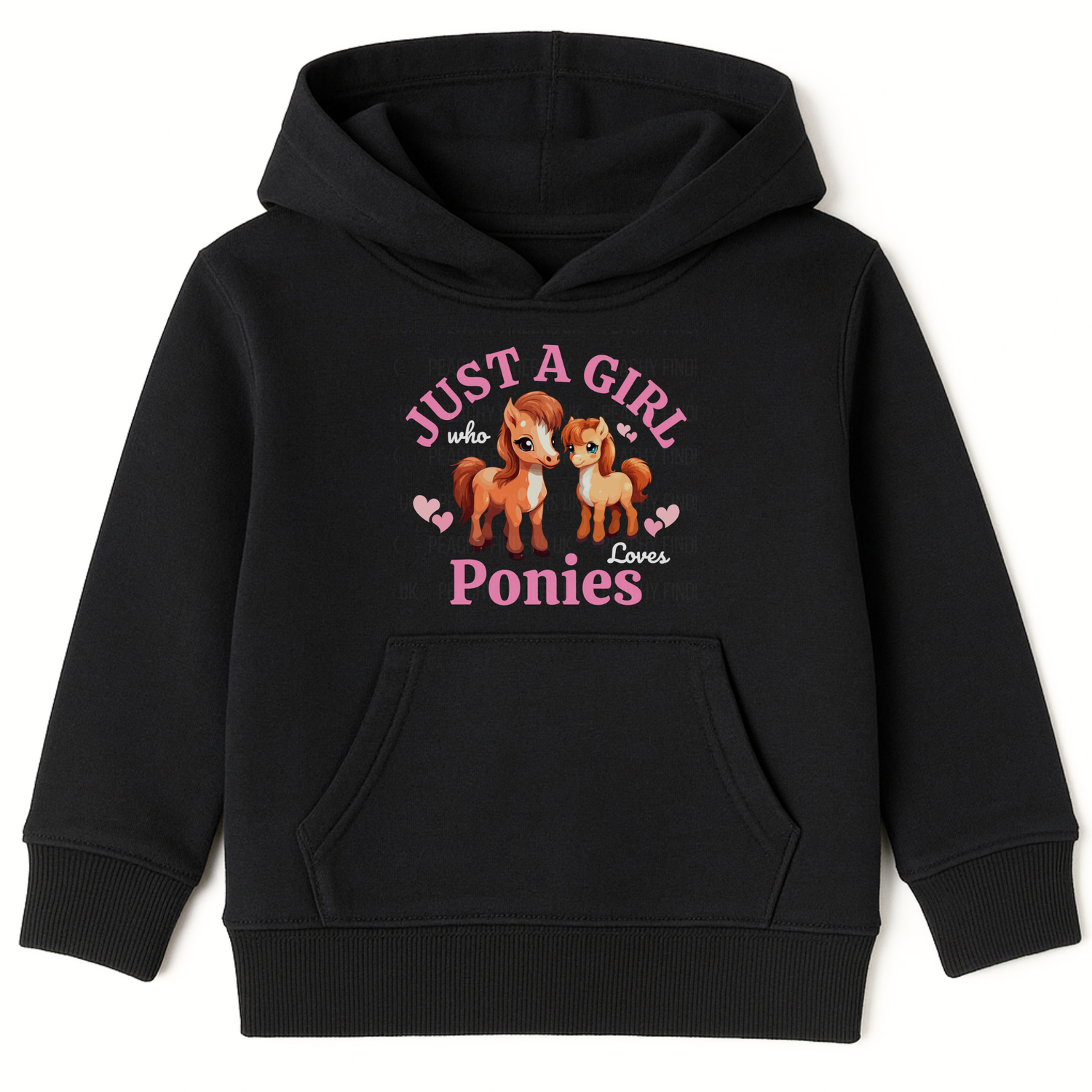 Kids black hoodie flat lay showing “Just a Girl Who Loves Ponies” pony design on chest.