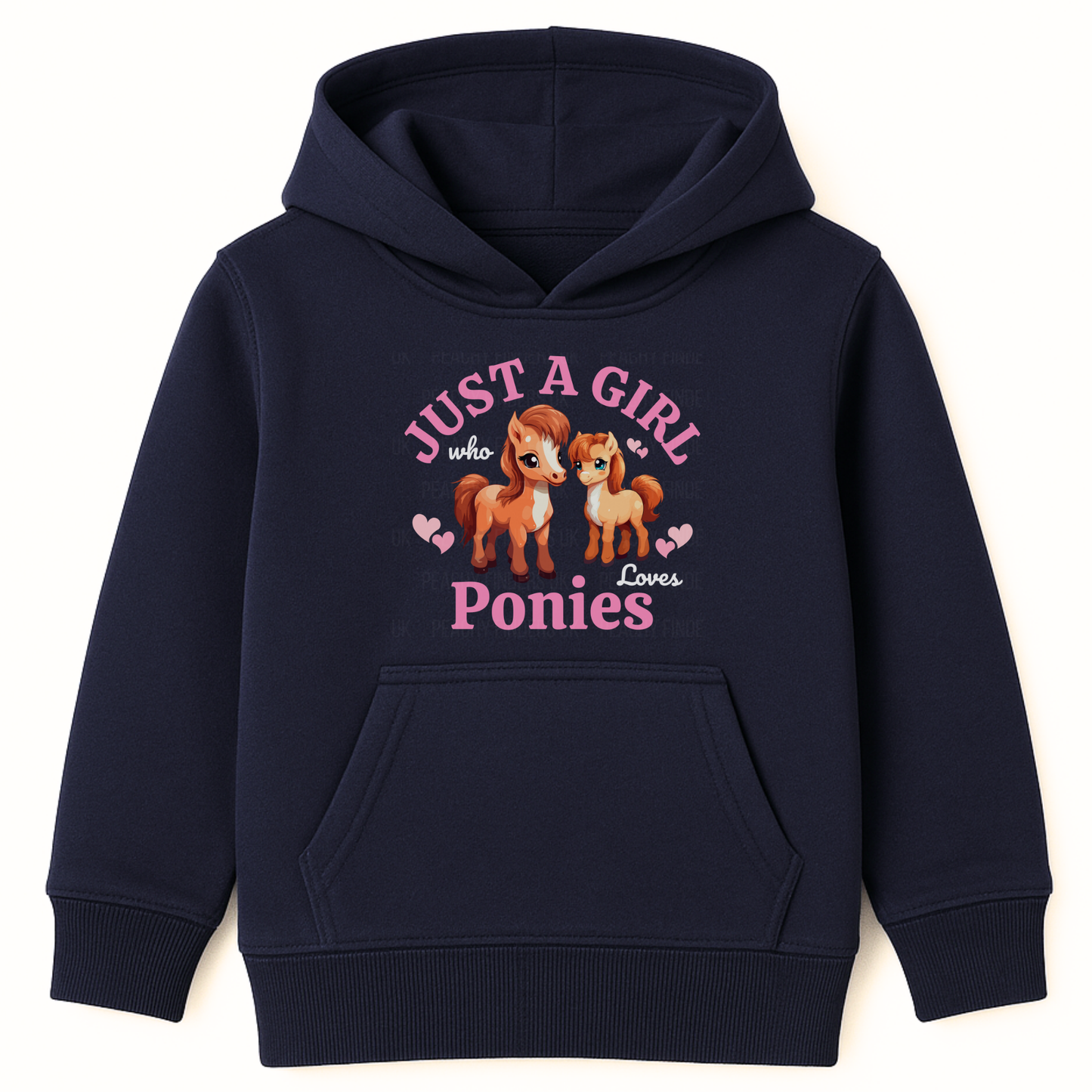 Navy kids hoodie flat lay with “Just a Girl Who Loves Ponies” pony graphic on front.