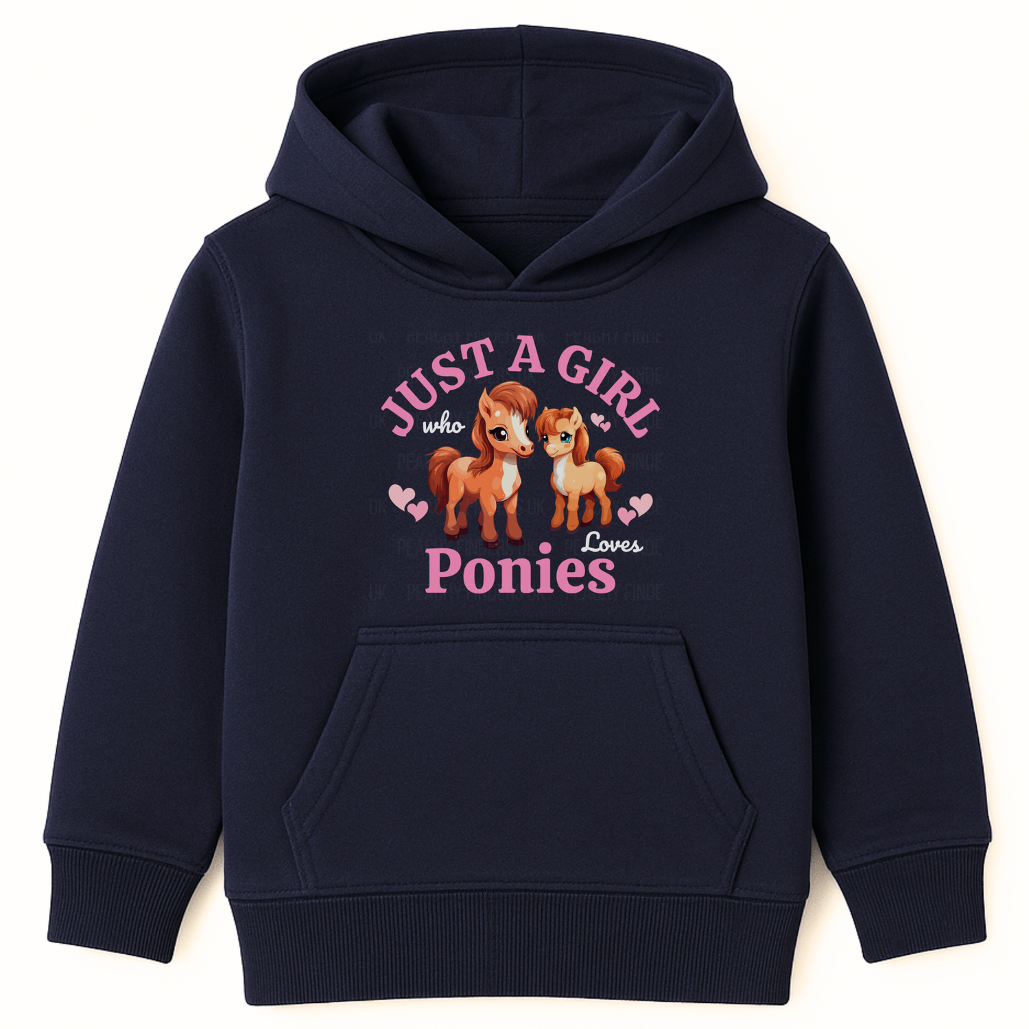 Navy kids hoodie flat lay with “Just a Girl Who Loves Ponies” pony graphic on front.