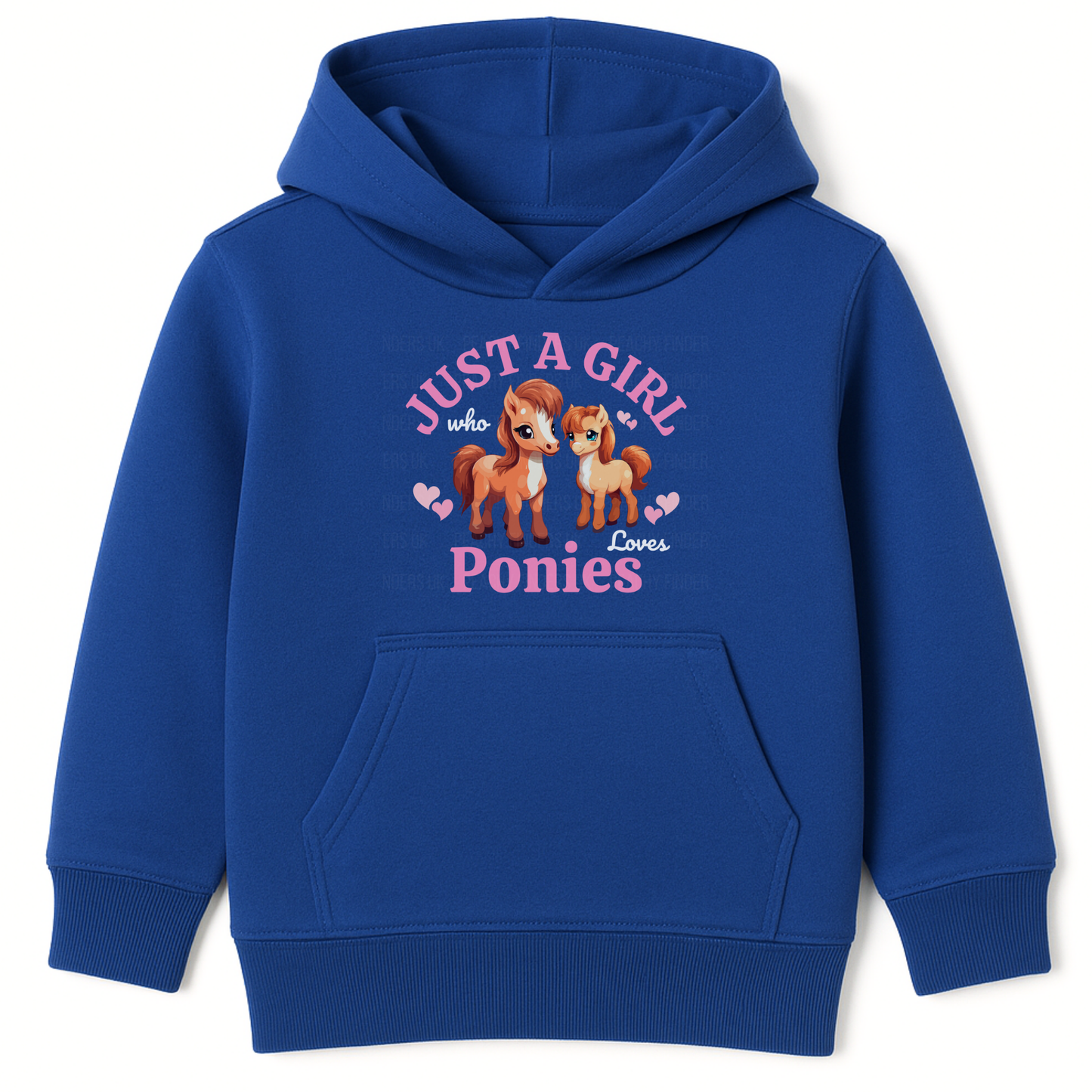 Royal blue kids hoodie flat lay with “Just a Girl Who Loves Ponies” pony graphic.