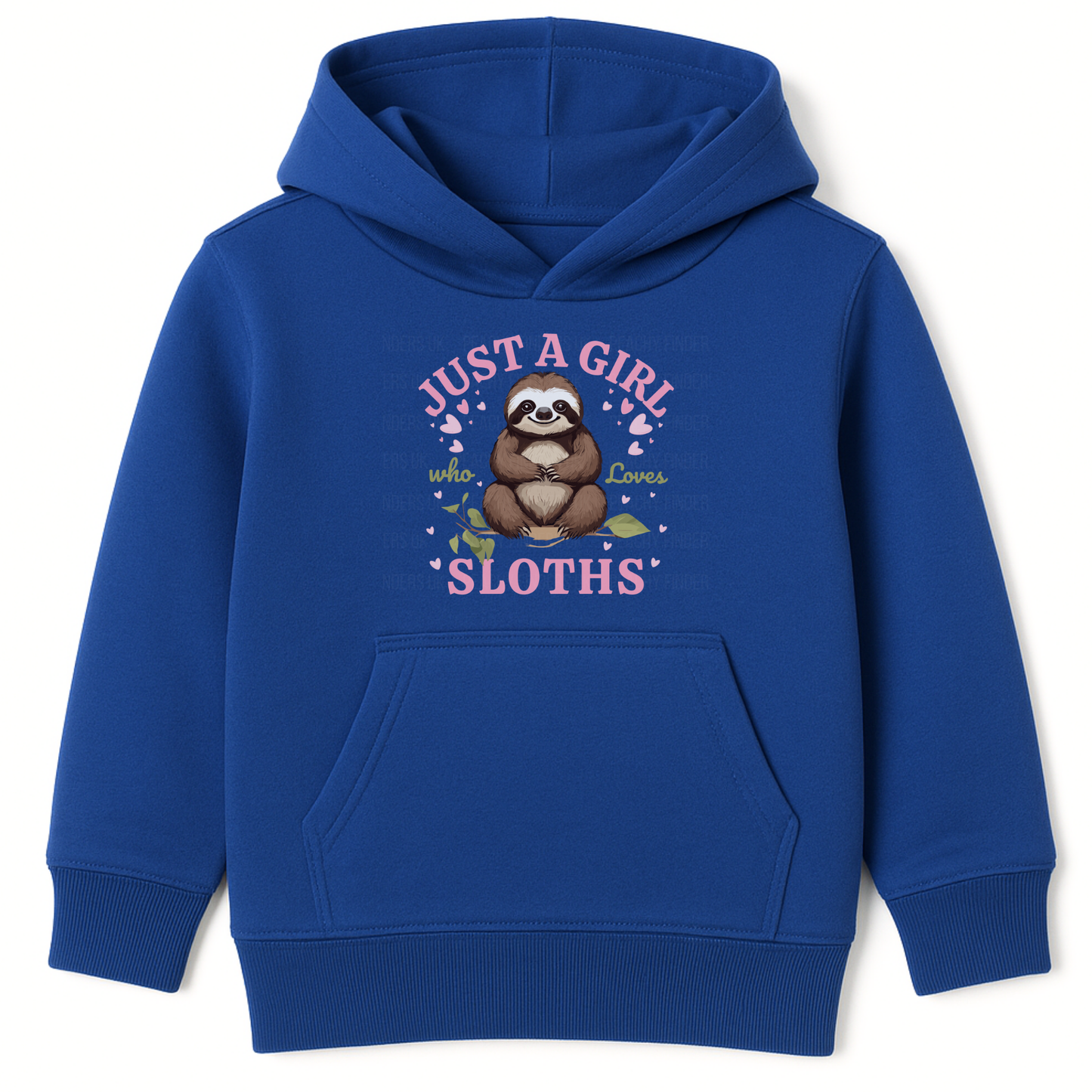 Kids blue hoodie with sloth graphic and “Just a Girl Who Loves Sloths” text, girls sloth hoodie flat lay product image