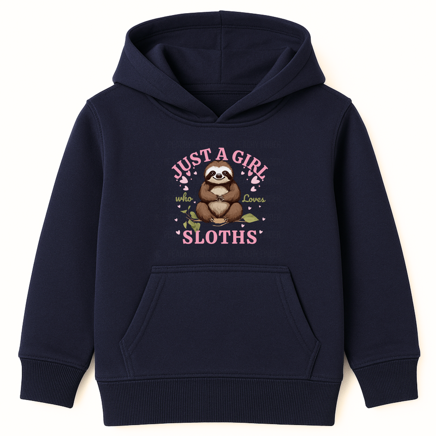 Girls navy hooded sweatshirt with a cute sloth illustration and text that reads 'Just a Girl Who Loves Sloths'. Cosy jumper for girls ages 3–13.
