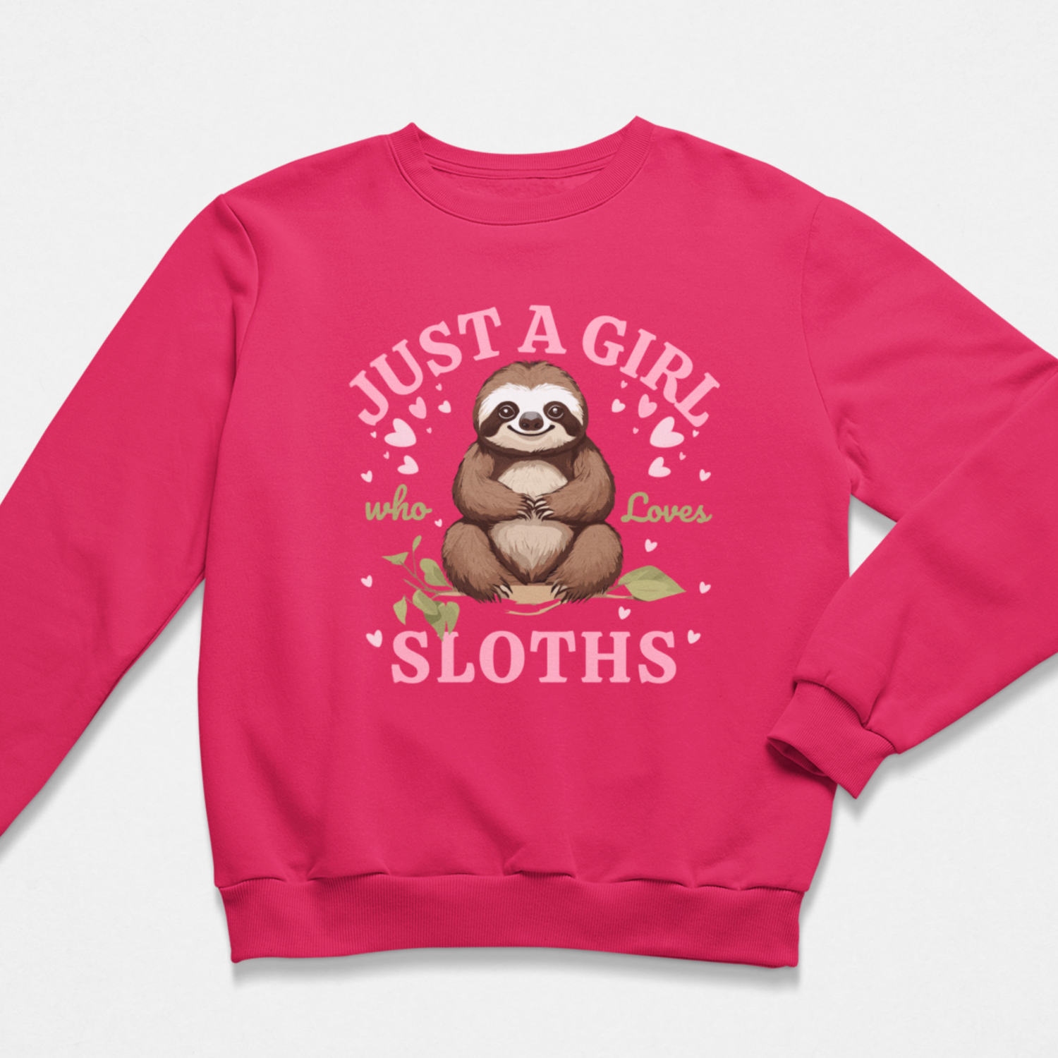 Hot pink kids sweatshirt featuring cute sloth design and heart details