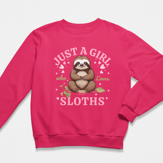 Hot pink kids sweatshirt featuring cute sloth design and heart details