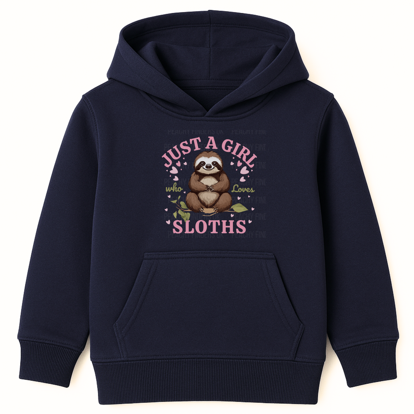 Girls navy blue sloth hoodie with “Just a Girl Who Loves Sloths” design, kids sloth lover hoodie