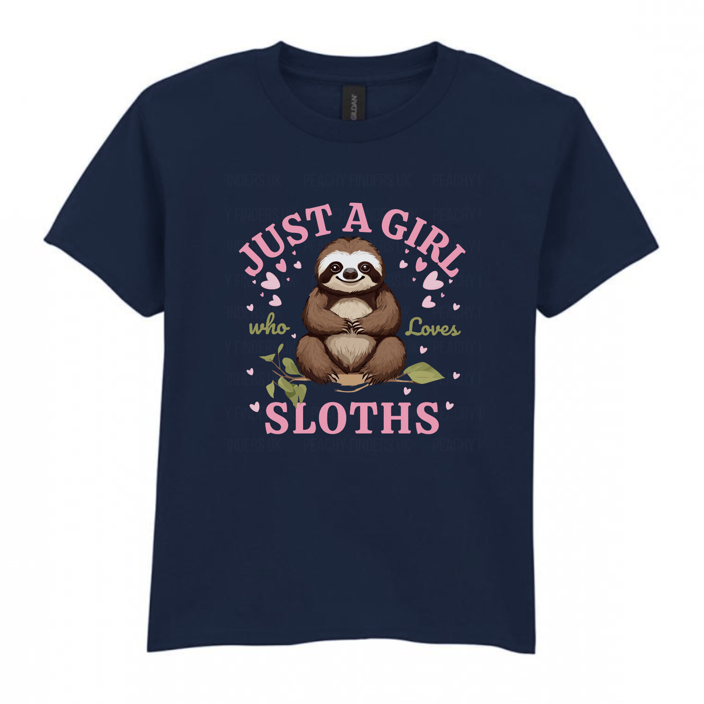 Girls navy t-shirt with a cute sloth and pink hearts design and the text "Just a Girl Who Loves Sloths".