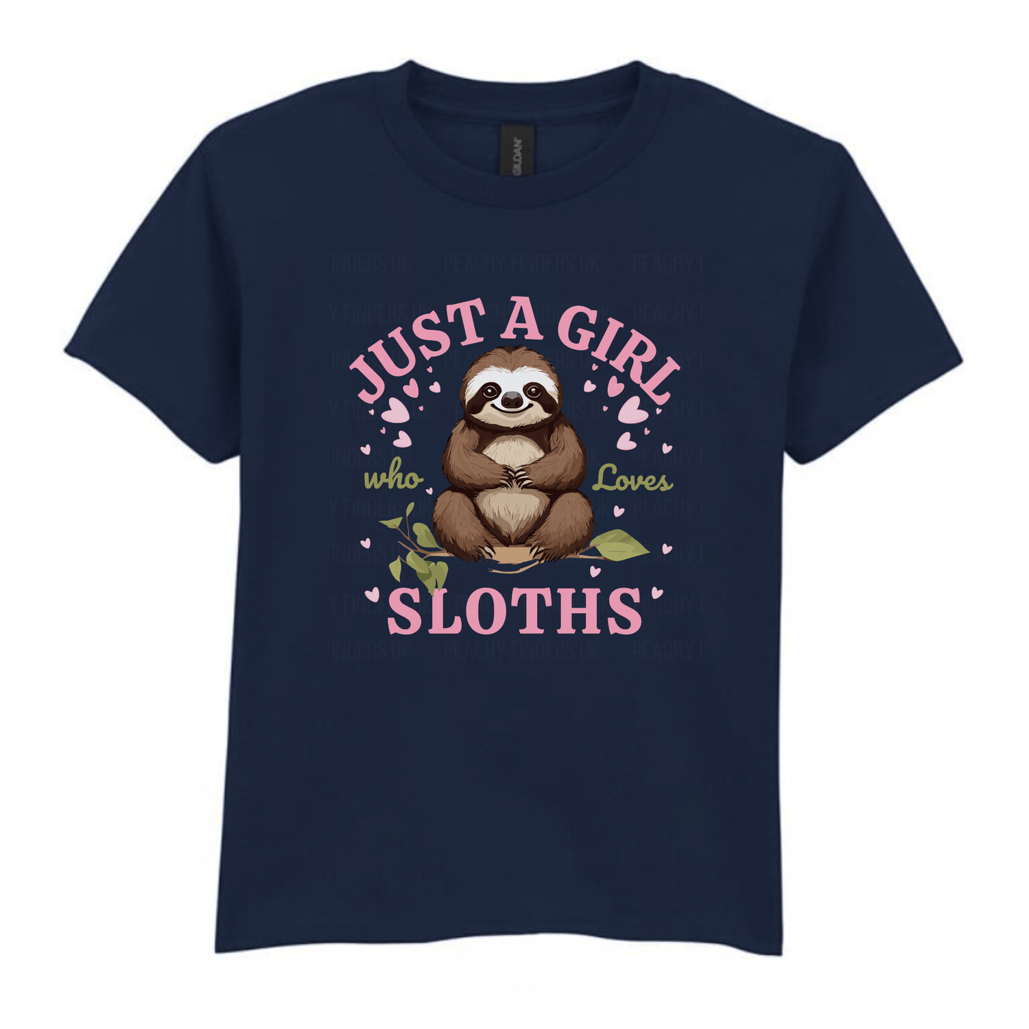 Girls navy t-shirt with a cute sloth and pink hearts design and the text "Just a Girl Who Loves Sloths".
