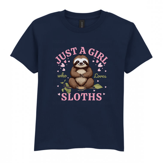 Girls navy t-shirt with a cute sloth and pink hearts design and the text "Just a Girl Who Loves Sloths".