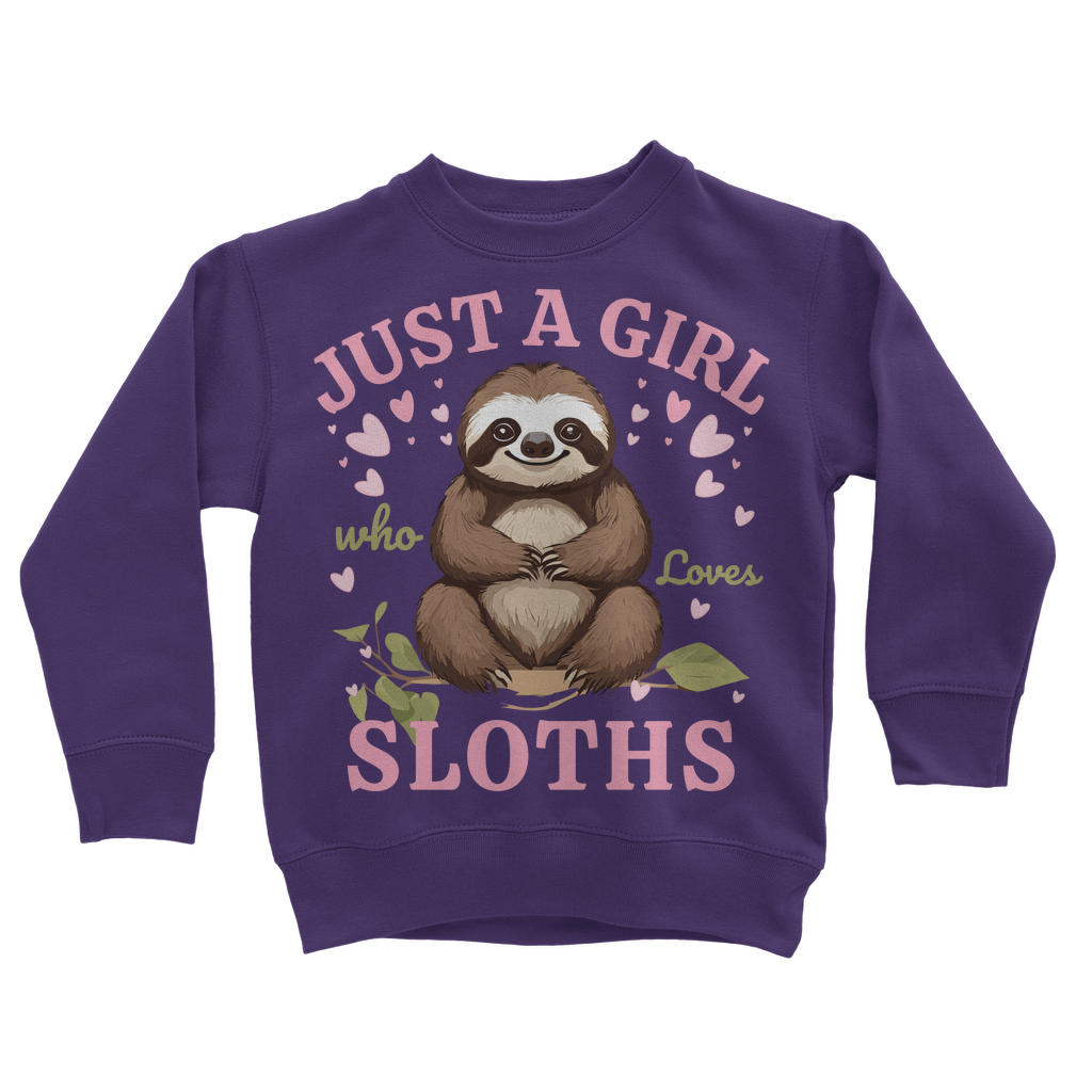 Kids purple sweatshirt with a cute sloth surrounded by pink hearts and the words "Just a Girl Who Loves Sloths" 