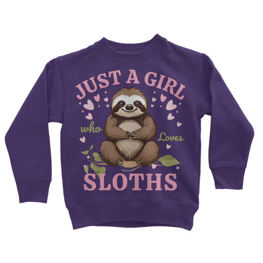 Kids purple sweatshirt with a cute sloth surrounded by pink hearts and the words "Just a Girl Who Loves Sloths"