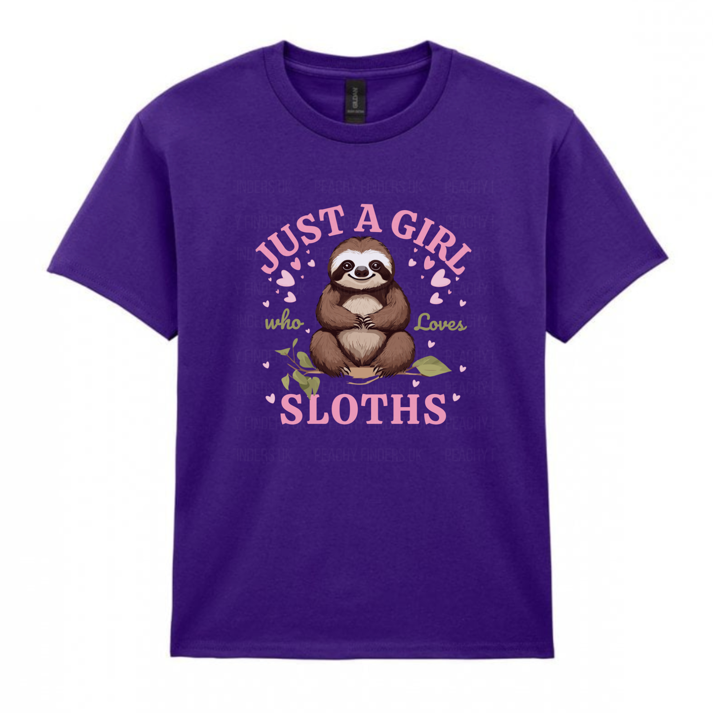 Girls purple t-shirt with a cute sloth and pink hearts design and the text "Just a Girl Who Loves Sloths".