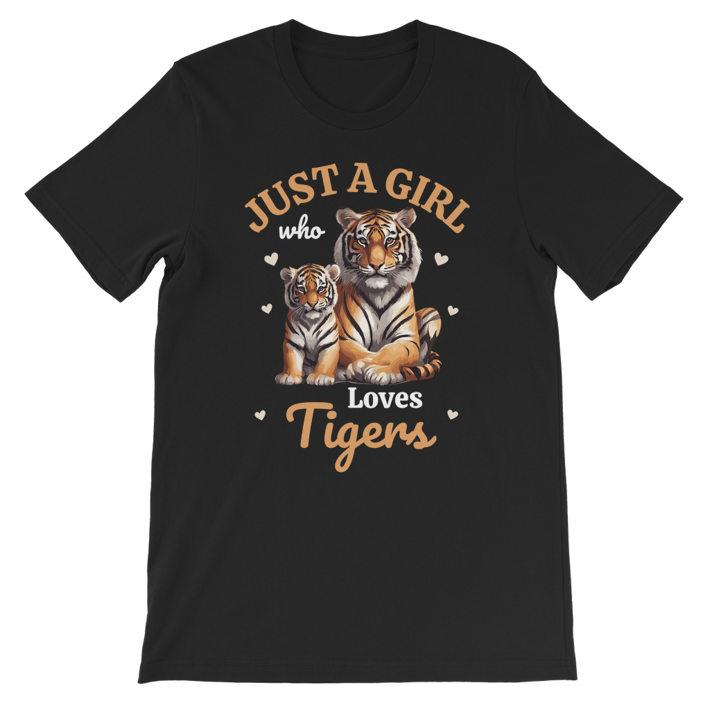 Girls black T-shirt with “Just a Girl Who Loves Tigers” design featuring a mum and baby tiger surrounded by hearts.