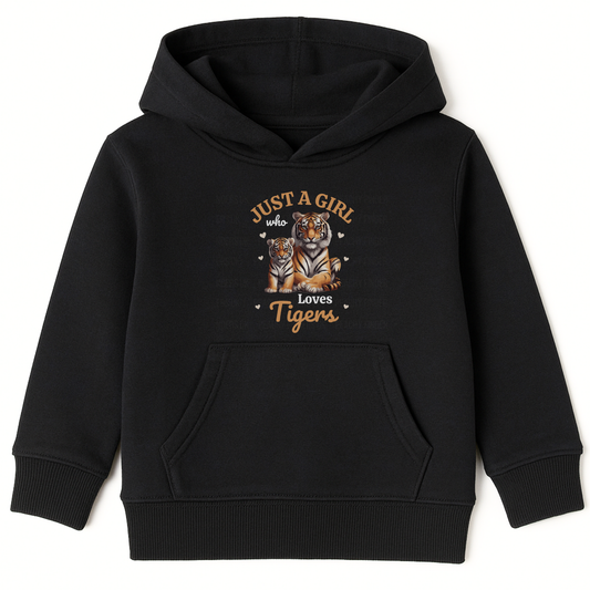 Girls pullover black hoodie with “Just a Girl Who Loves Tigers” design featuring a mum and baby tiger surrounded by hearts.