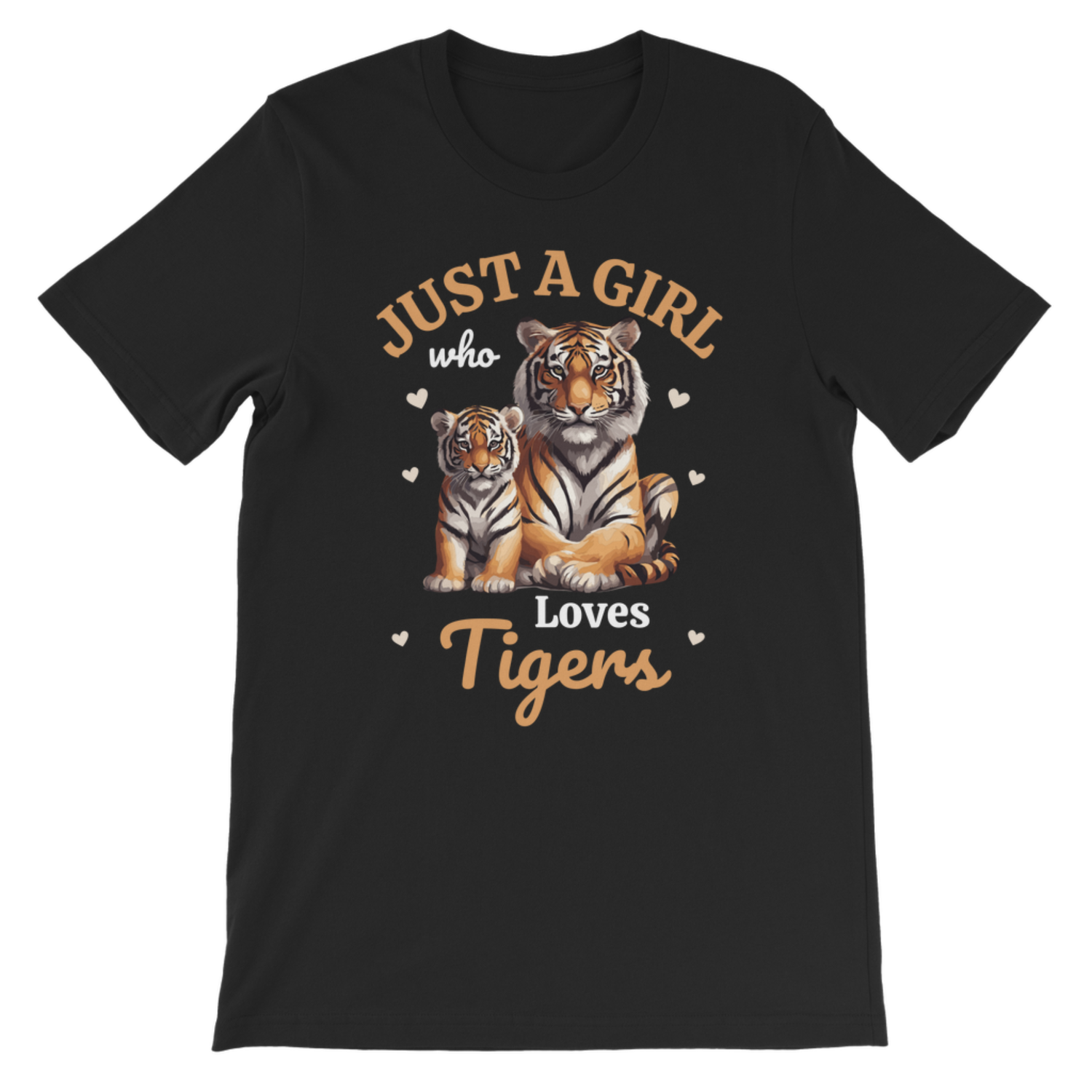 A kids black short-sleeve crewneck t-shirt featuring a graphic print of an adult tiger and a cub with the text 'JUST A GIRL who Loves Tigers' in tan and white lettering, set against a plain white background.