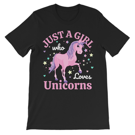 Kids black "Just a Girl Who Loves Unicorns" cotton t-shirt, featuring a pink unicorn and stars and hearts accents