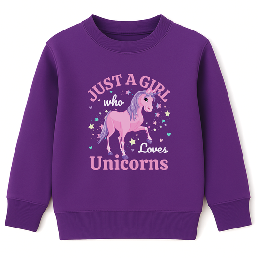 Girls purple sweatshirt with a pink unicorn design surrounded by stars and the text "Just a Girl Who Loves Unicorns."