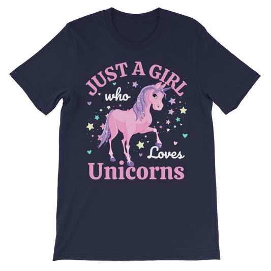 Girls navy unicorn t-shirt with pastel “Just a Girl Who Loves Unicorns” graphic on front