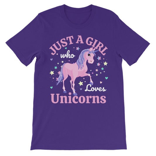Purple girls unicorn t-shirt with “Just A Girl Who Loves Unicorns” slogan and pastel unicorn graphic, front product image