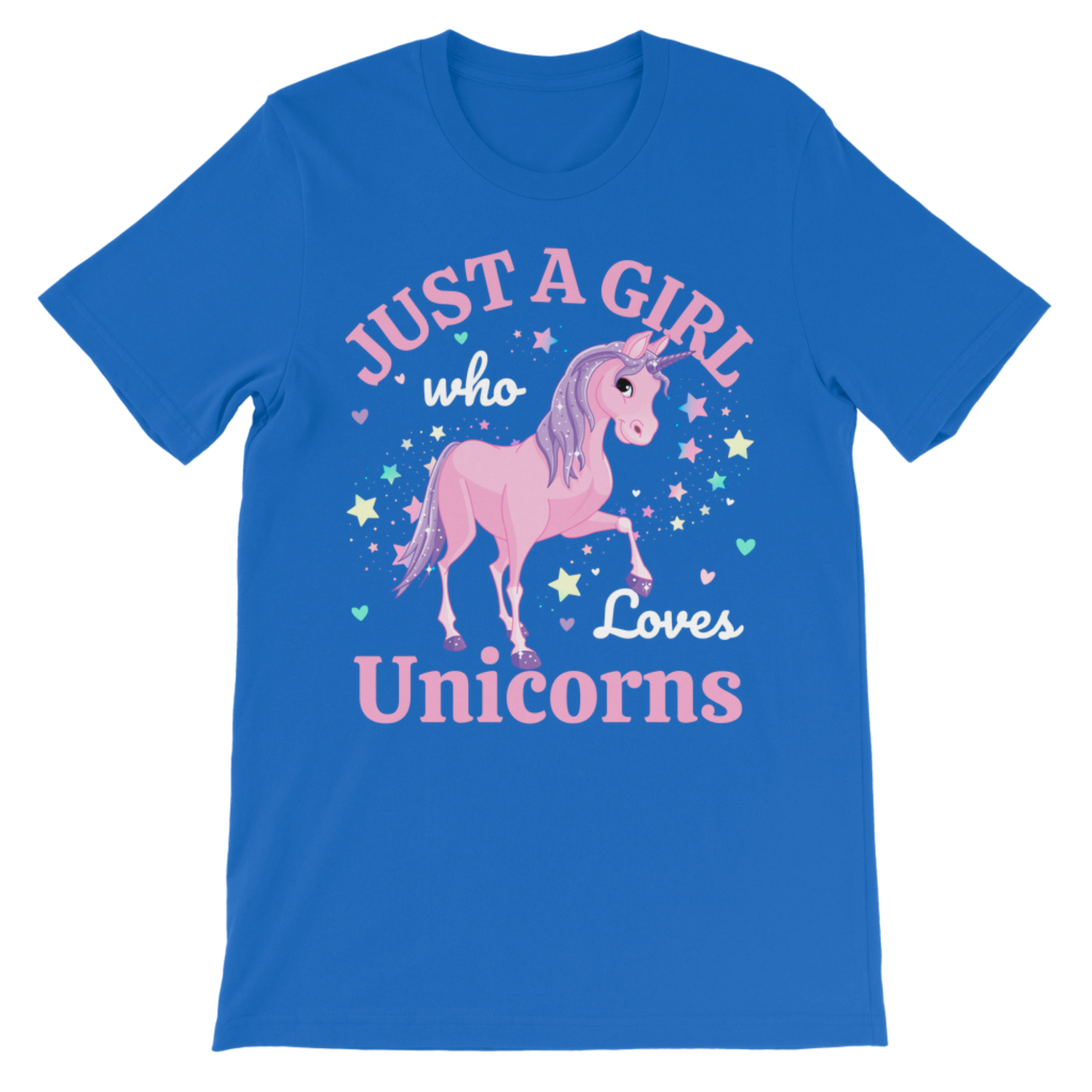 Girls royal blue unicorn t-shirt with pastel “Just a Girl Who Loves Unicorns” print on front